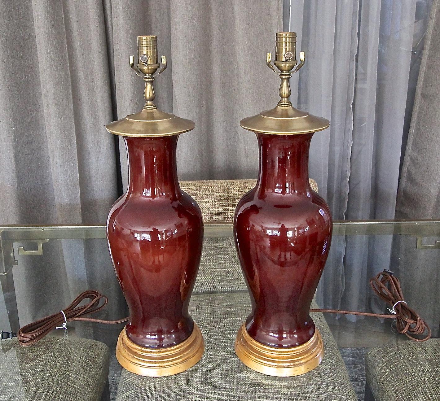 Brass Pair Chinese Oxblood  Baluster Porcelain Table Lamps