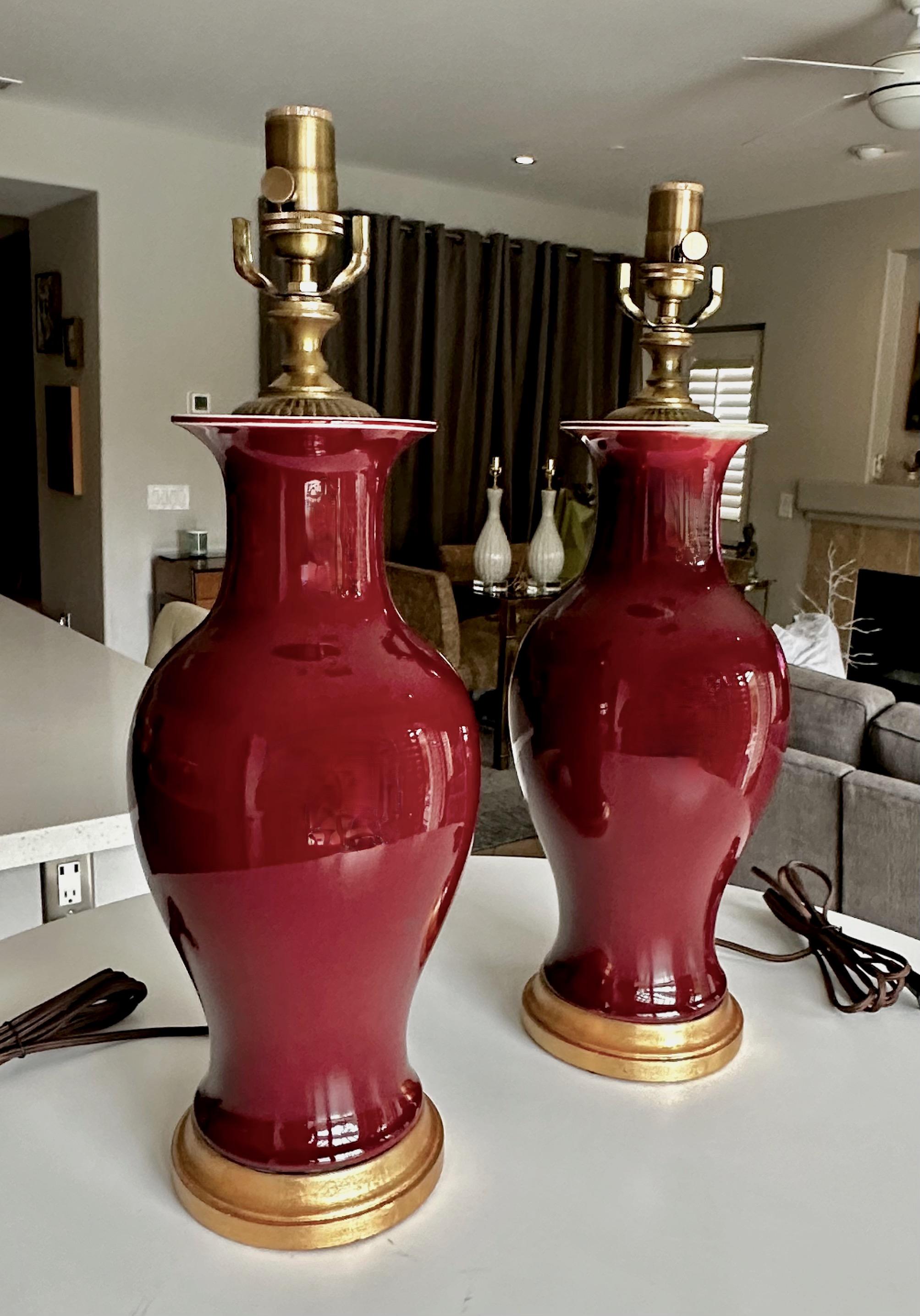 Brass Pair Chinese Oxblood Baluster Porcelain Table Lamps For Sale