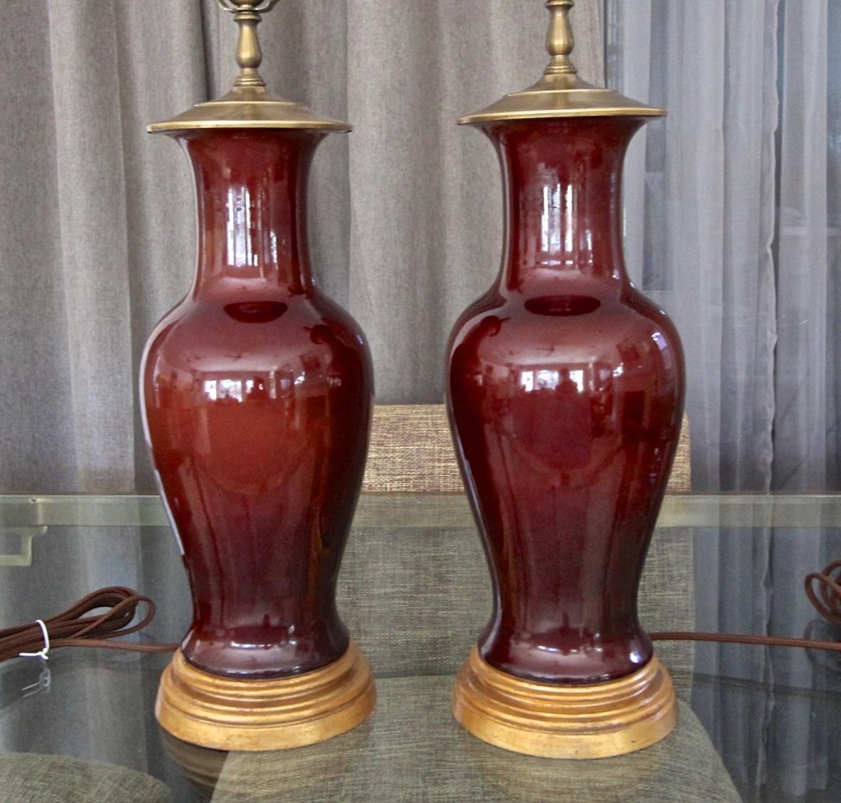 Pair Chinese Oxblood  Baluster Porcelain Table Lamps 1