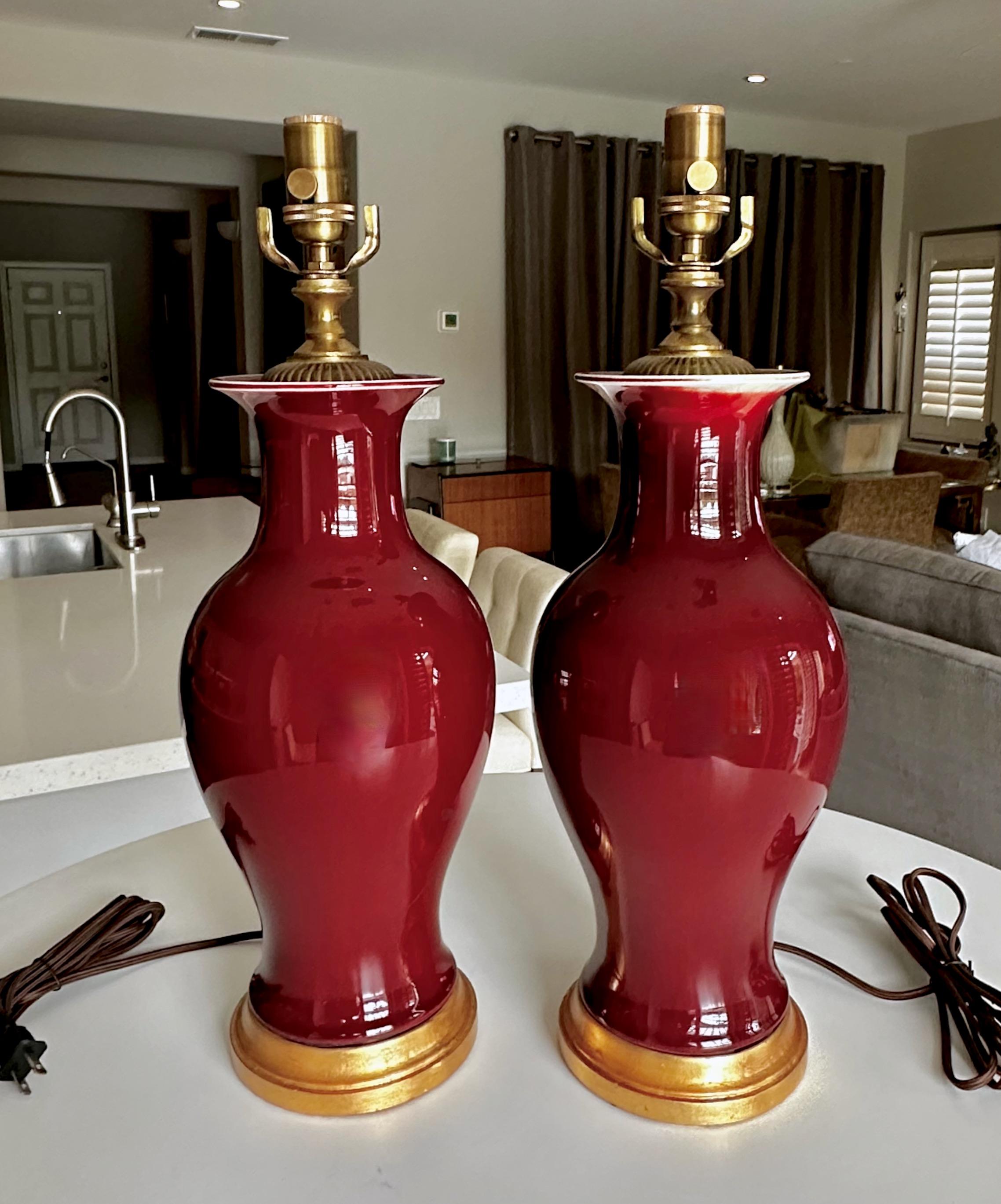 Pair Chinese Oxblood Baluster Porcelain Table Lamps For Sale 1