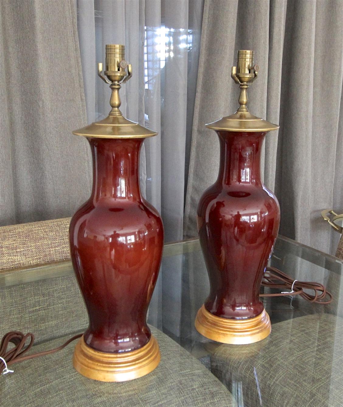 Pair Chinese Oxblood  Baluster Porcelain Table Lamps 2