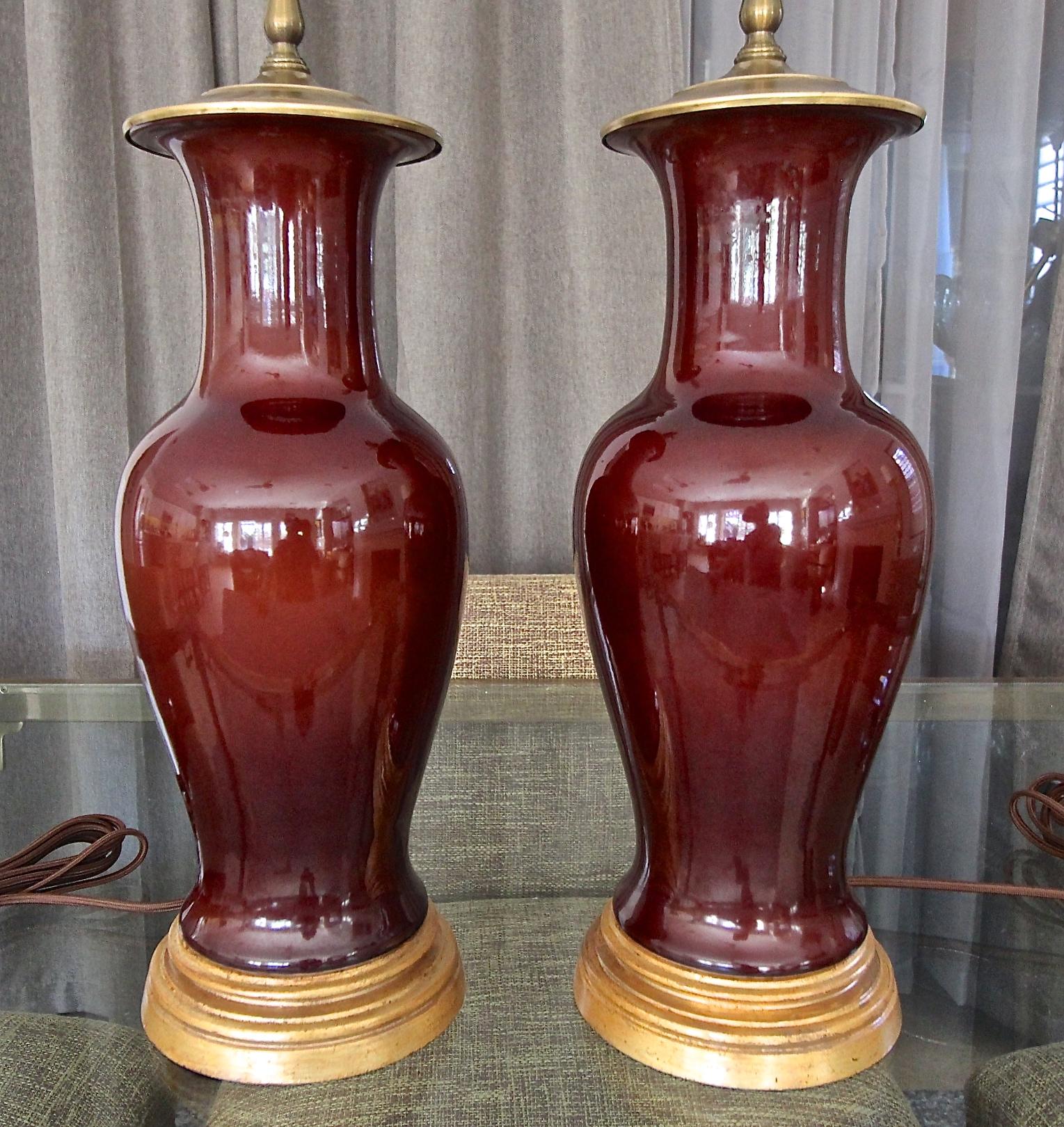Pair Chinese Oxblood  Baluster Porcelain Table Lamps 3