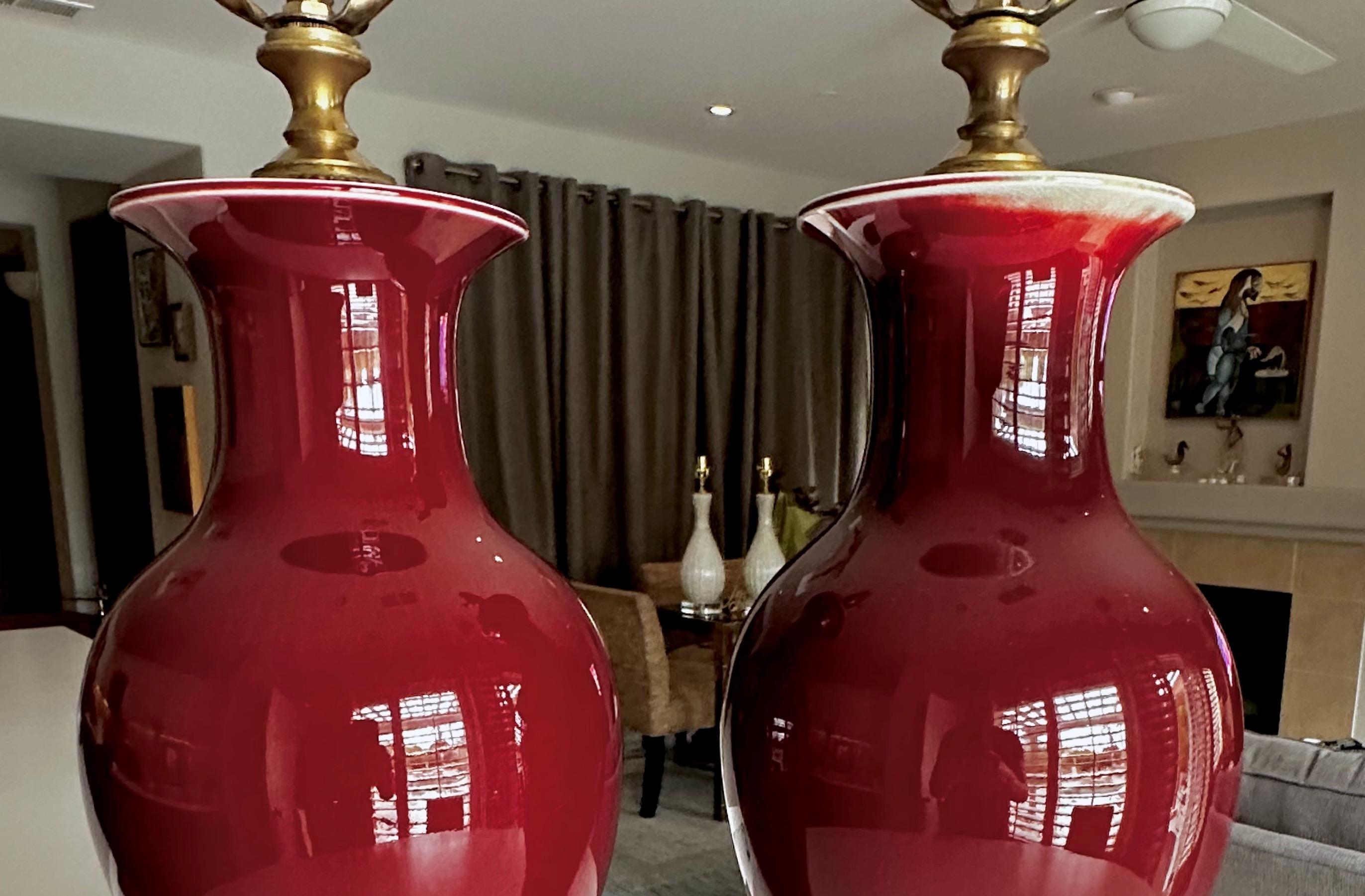 Pair Chinese Oxblood Baluster Porcelain Table Lamps For Sale 3