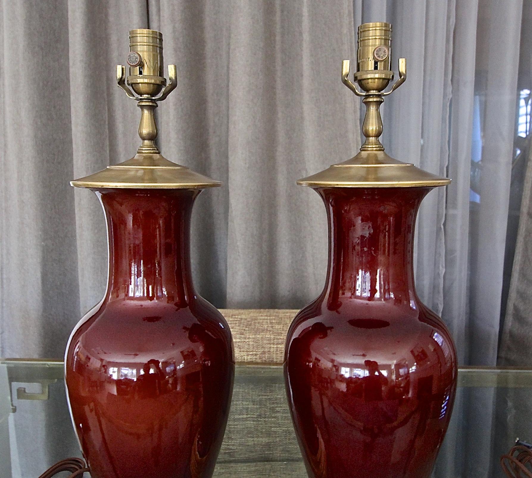 Pair Chinese Oxblood  Baluster Porcelain Table Lamps 4