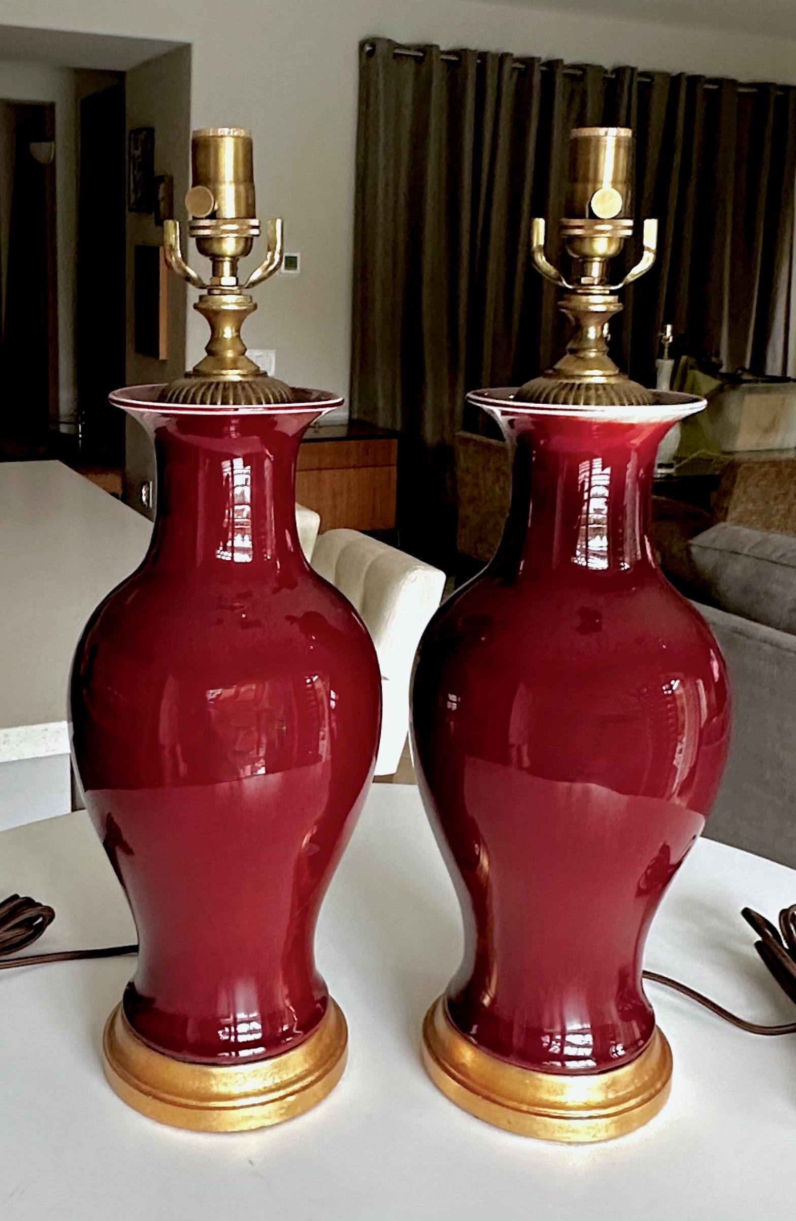 Pair Chinese Oxblood Baluster Porcelain Table Lamps For Sale 4