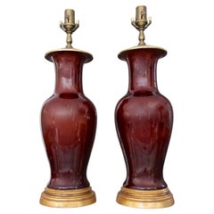 Pair Chinese Oxblood  Baluster Porcelain Table Lamps