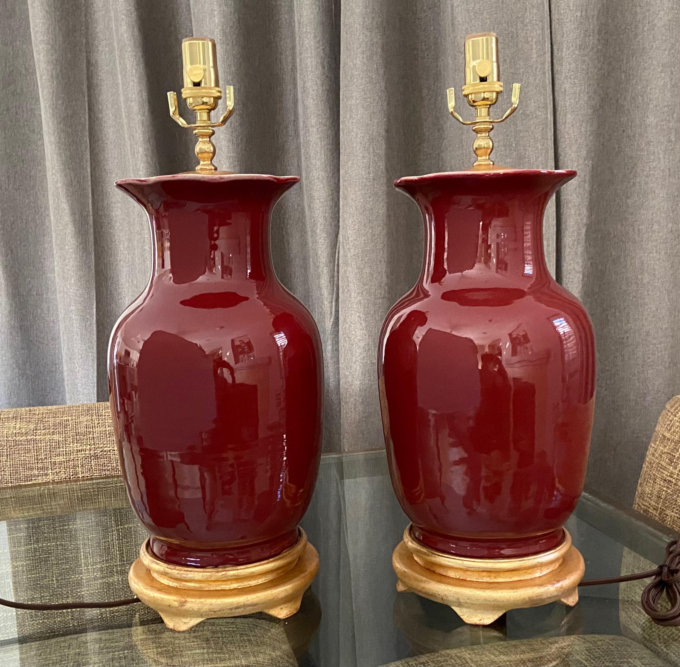 Pair Chinese Oxblood Porcelain Table Lamps In Good Condition In Palm Springs, CA