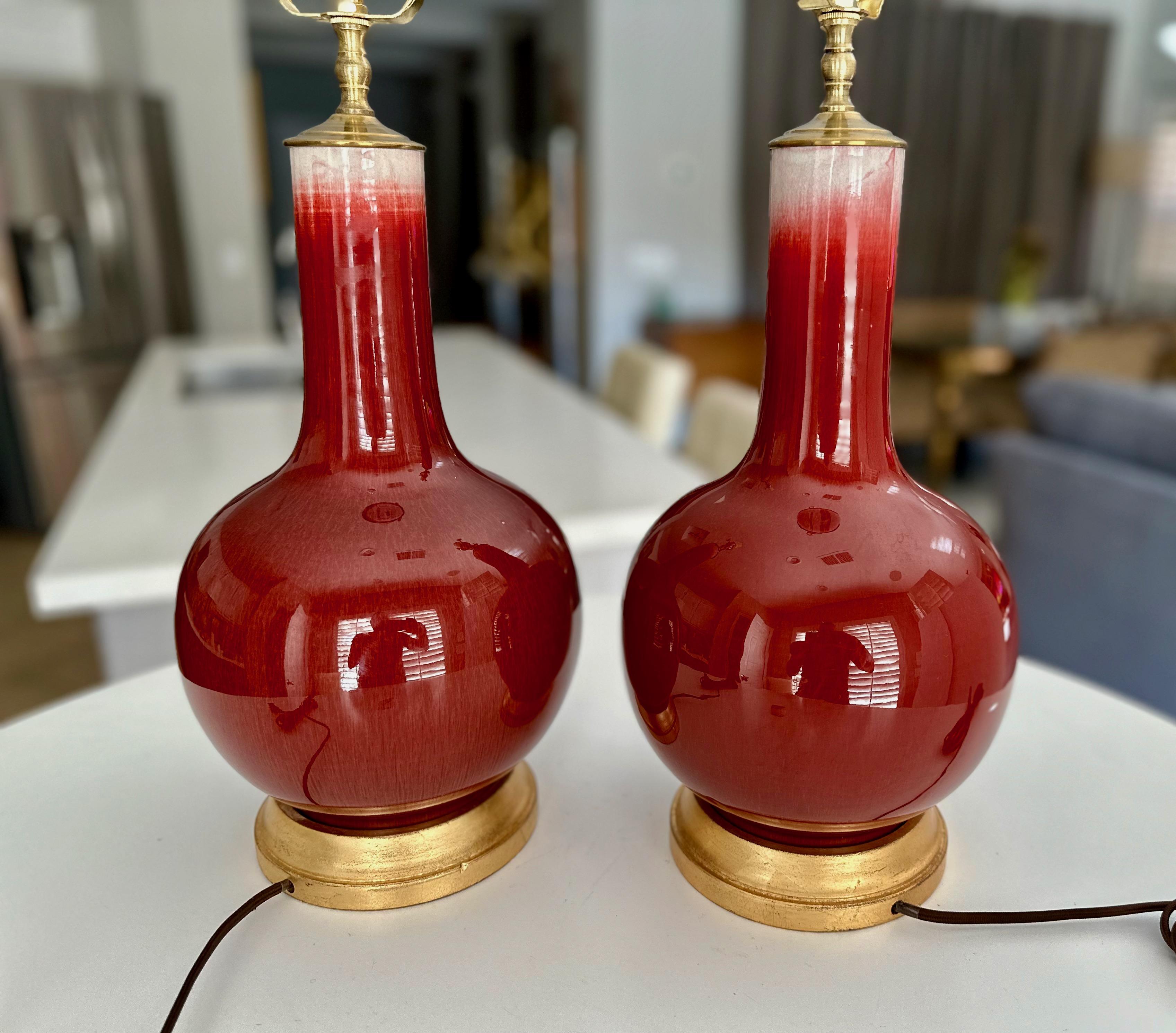 Pair Chinese Oxblood Porcelain Table Lamps In Good Condition For Sale In Palm Springs, CA