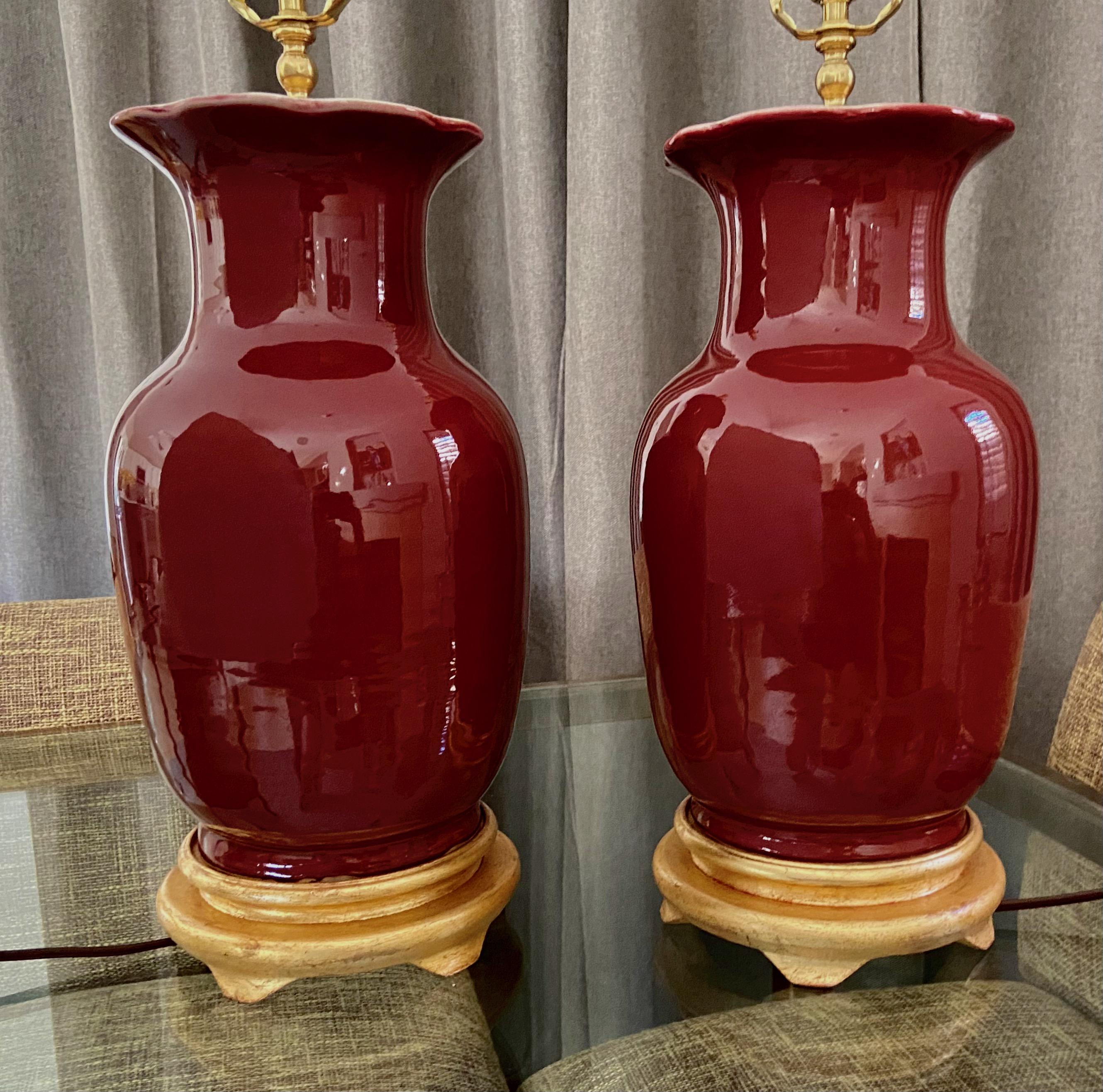 Late 20th Century Pair Chinese Oxblood Porcelain Table Lamps