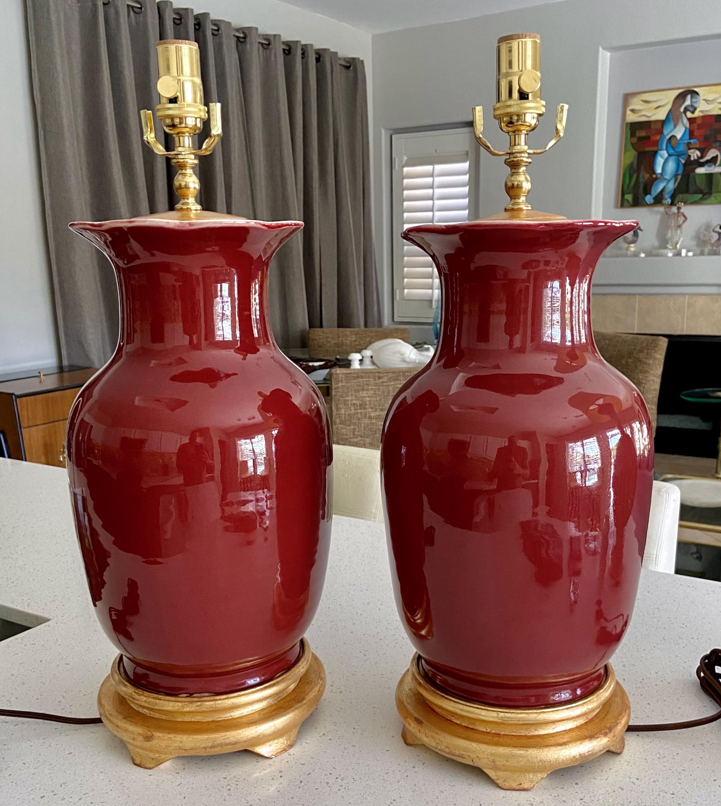Brass Pair Chinese Oxblood Porcelain Table Lamps