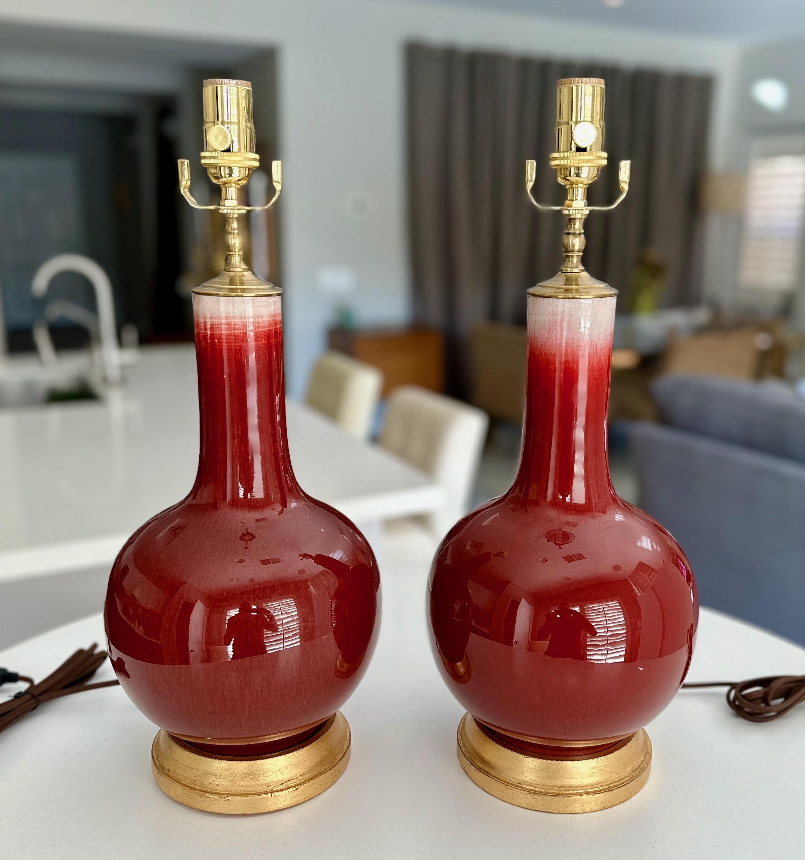 Brass Pair Chinese Oxblood Porcelain Table Lamps