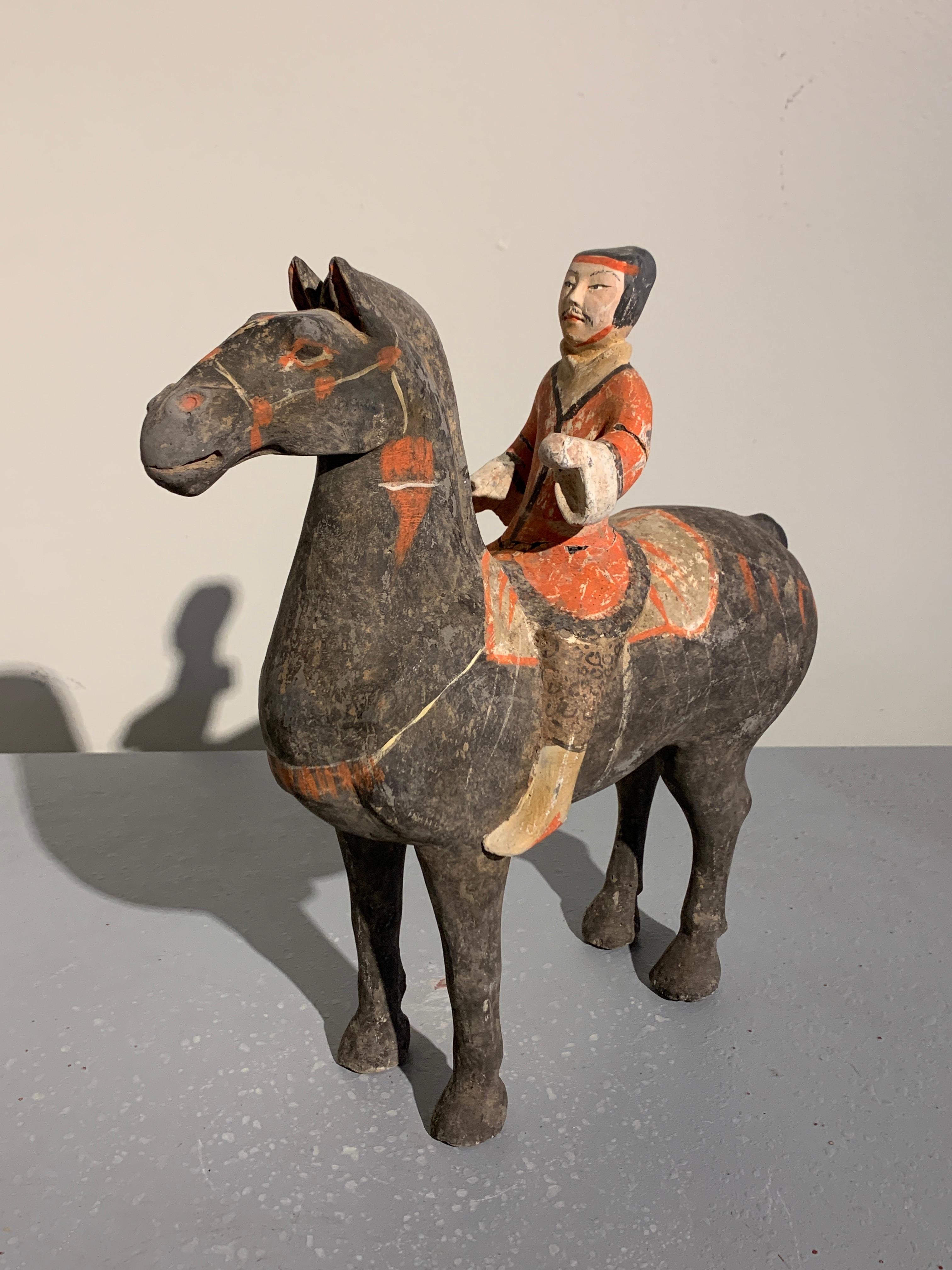 Pair of Chinese Painted Pottery Han Dynasty Horse and Riders For Sale 2