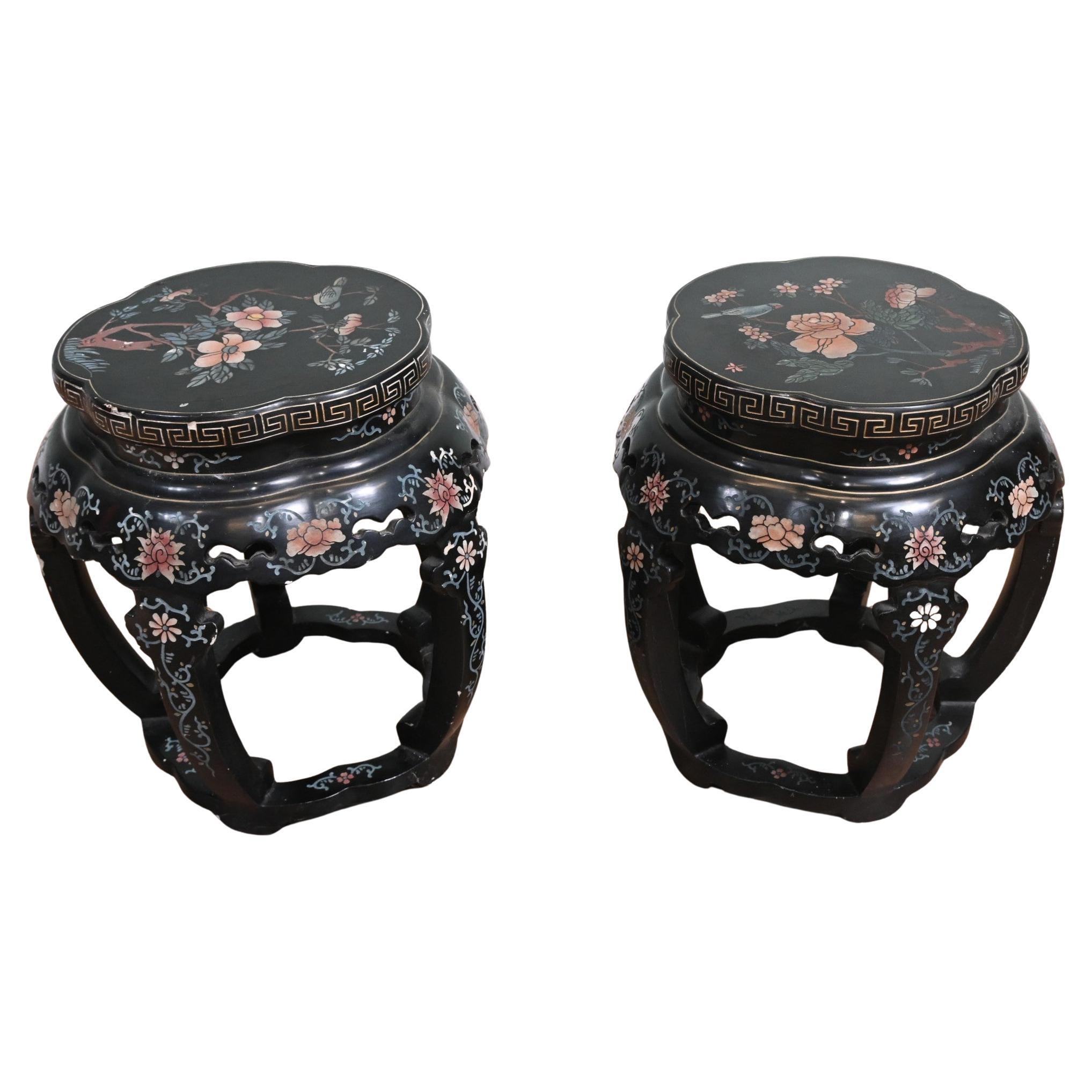 Pair Chinese Plant Stands Lacquered Painted Pedestal Table 1920