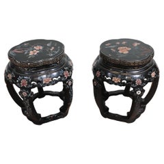 Pair Chinese Plant Stands Lacquered Painted Pedestal Table 1920