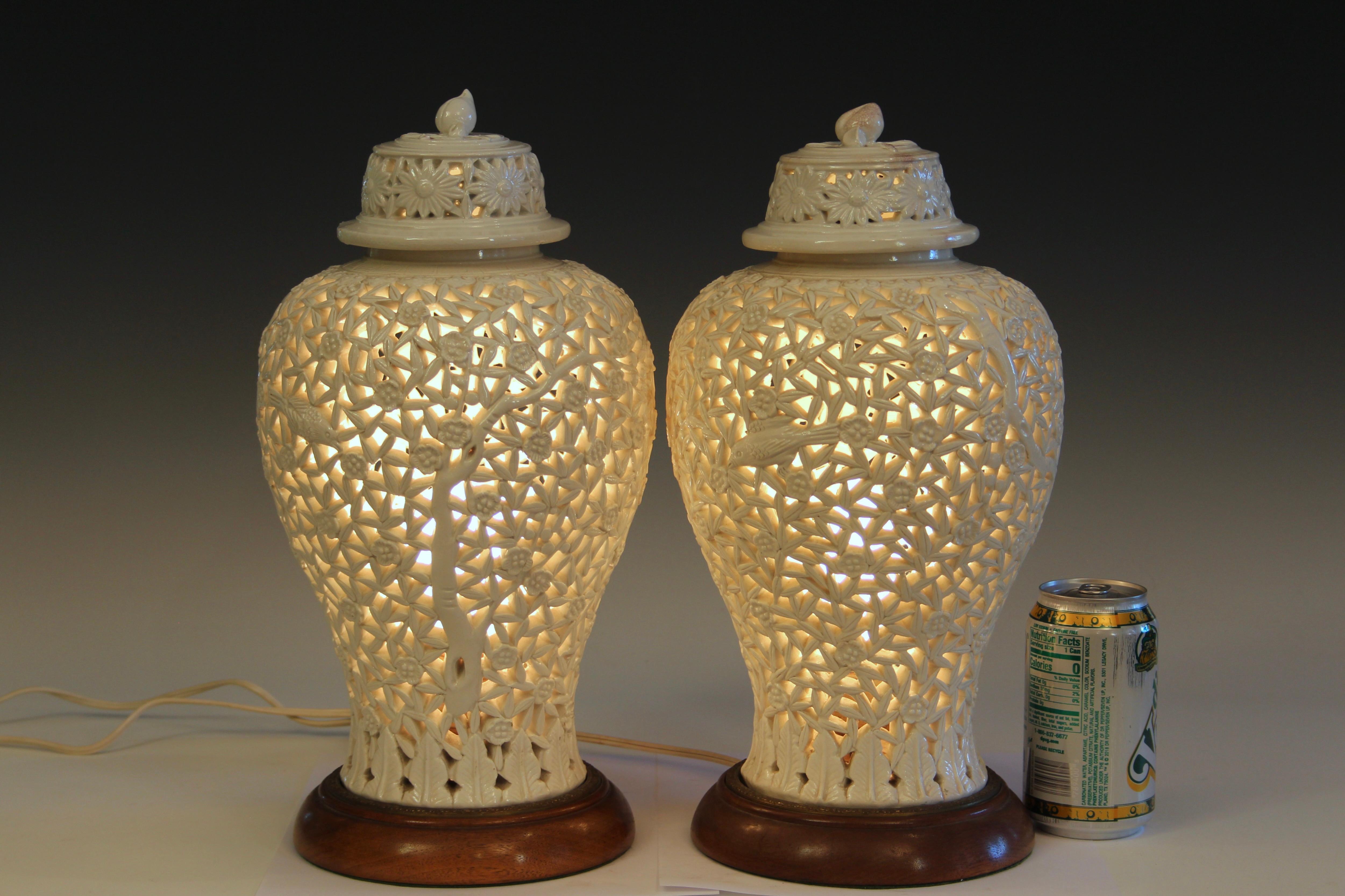 Pair Chinese Porcelain Antique Vases Lamps Garniture Old Vintage Blanc de Chine 6