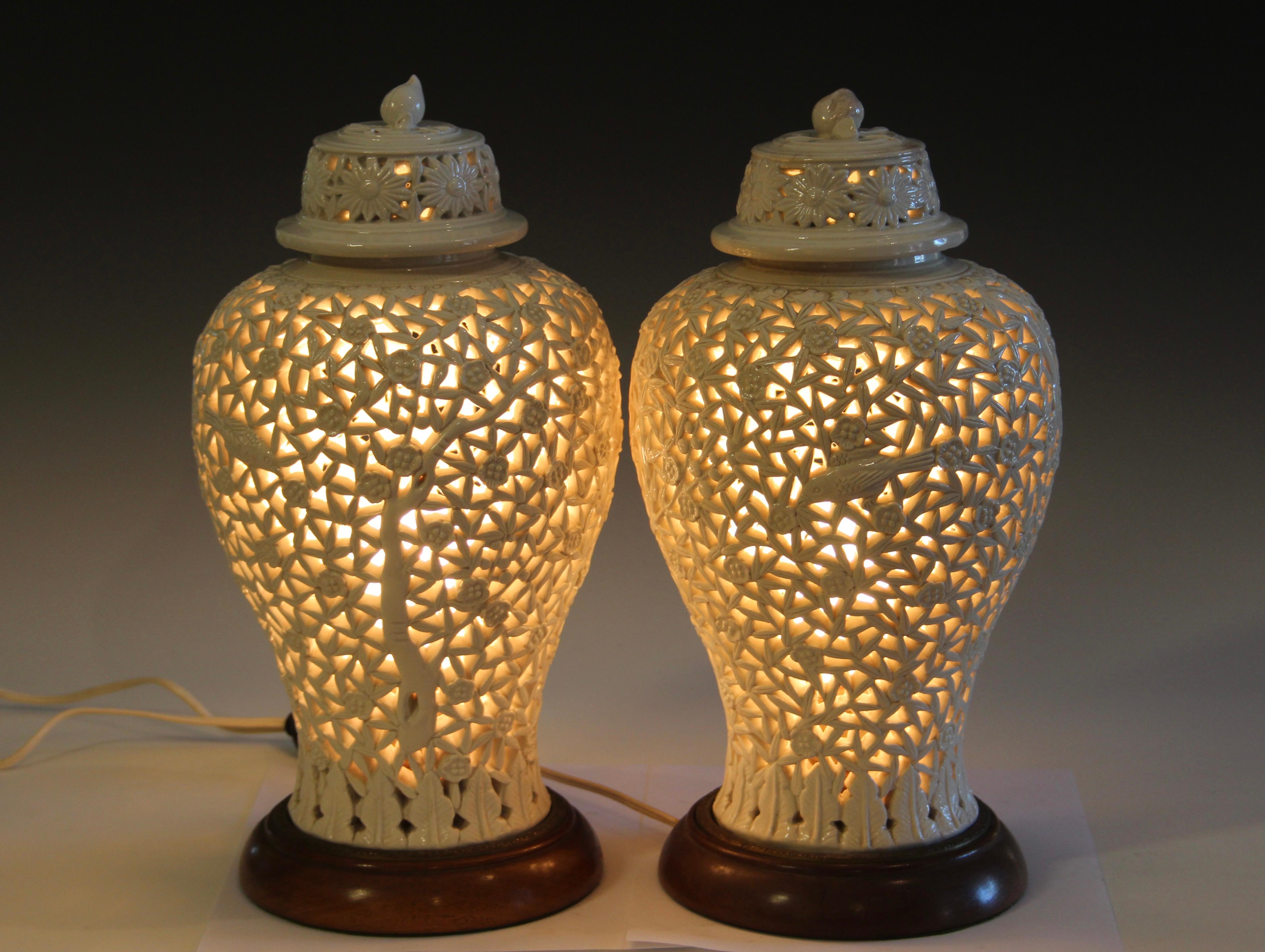 Qing Pair Chinese Porcelain Antique Vases Lamps Garniture Old Vintage Blanc de Chine