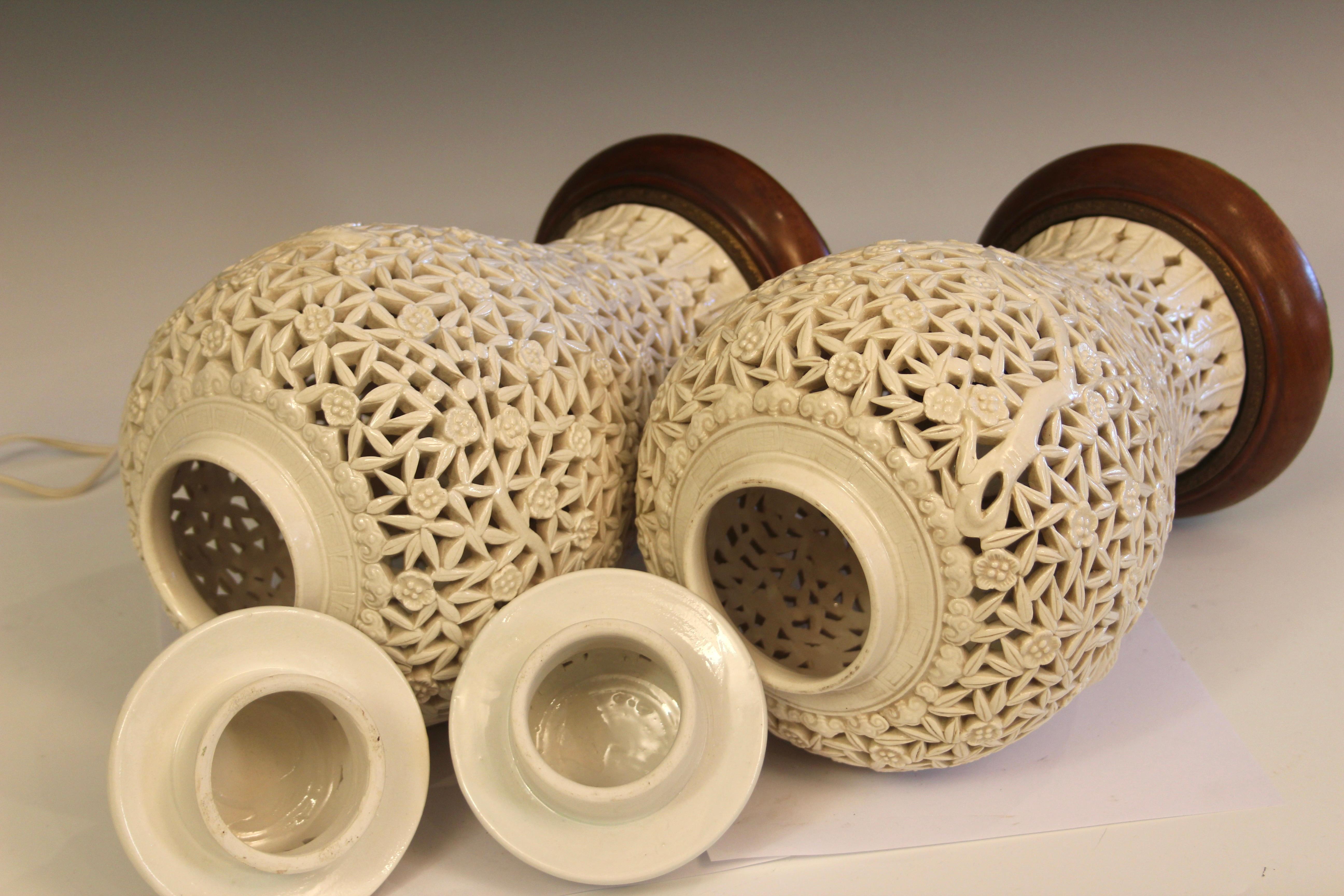 Carved Pair Chinese Porcelain Antique Vases Lamps Garniture Old Vintage Blanc de Chine