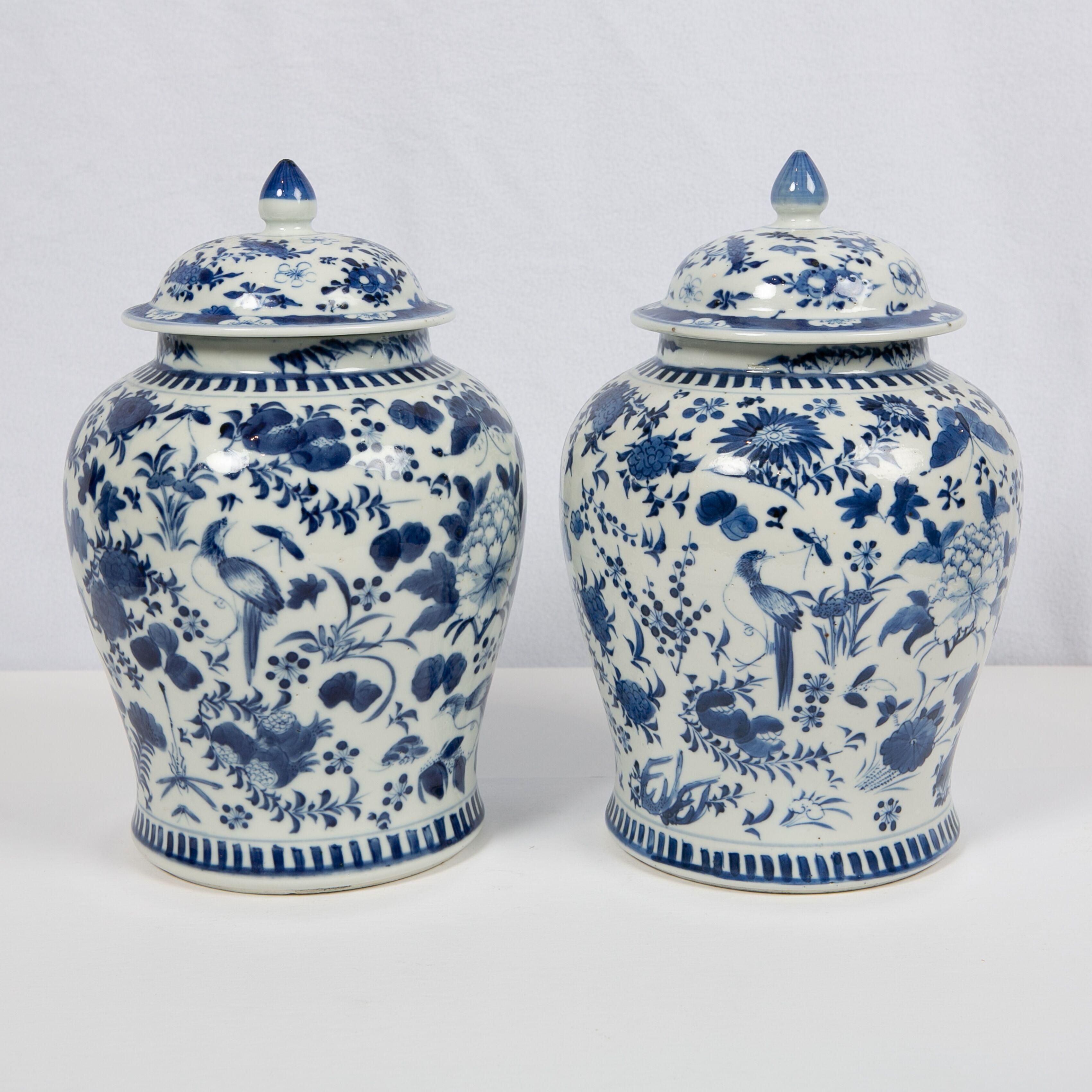 This pair of Chinese hand painted blue and white covered jars can be dated to the second half of the 19th century during the Qing dynasty (1644-1911). Fully painted with a bird-and-flower theme, this lovely pair of jars are rich in symbolism. On the