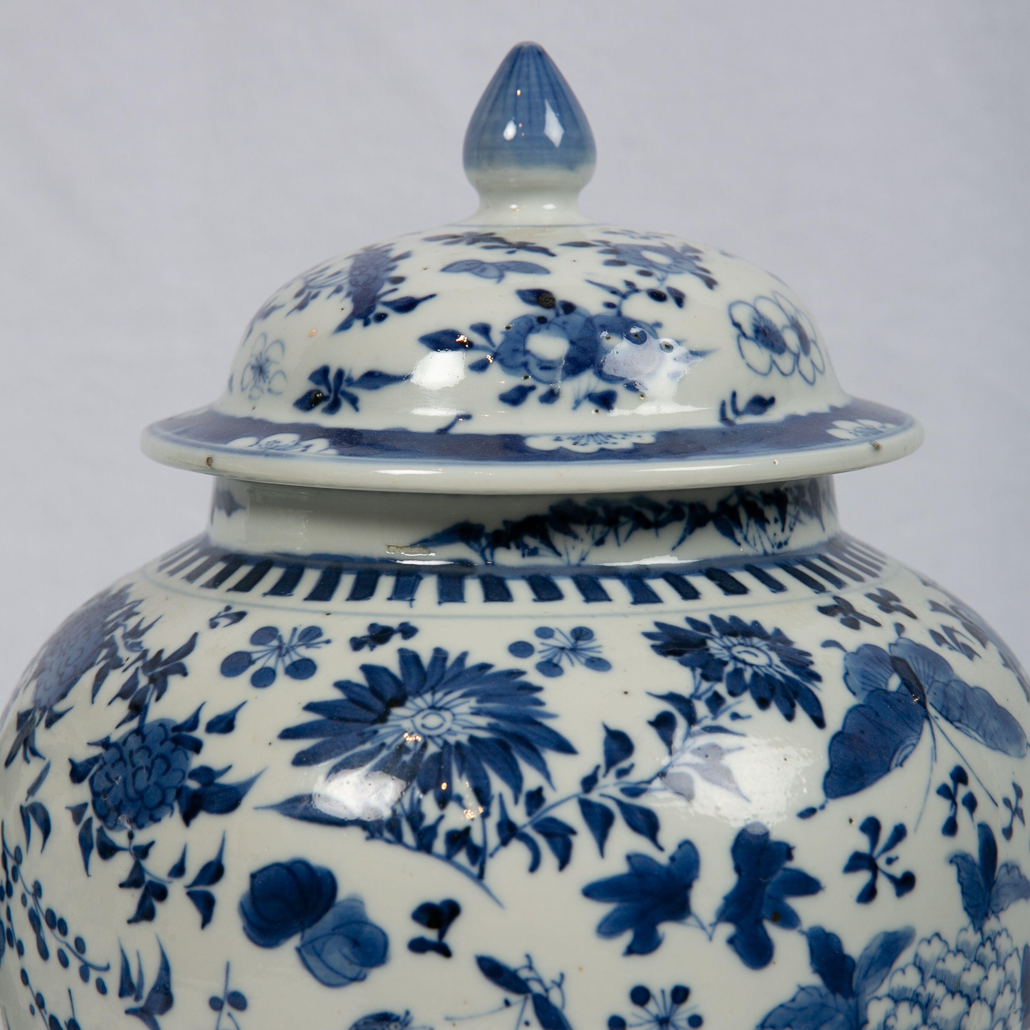 Hand-Painted Pair of Chinese Porcelain Blue and White Covered Jars 19th Century Qing Dynasty