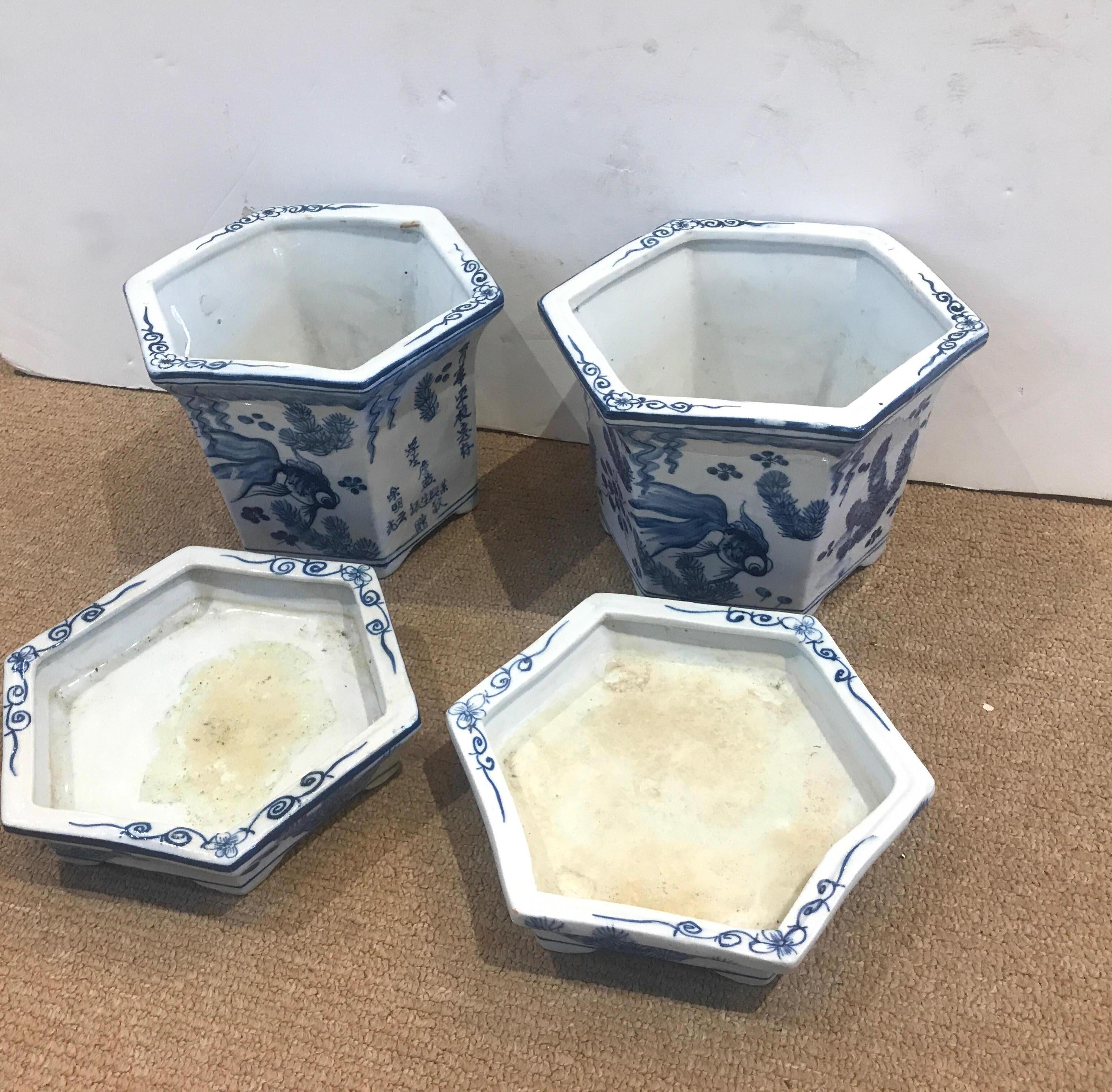 Hand-Painted Pair of Chinese Porcelain Blue and White Planters