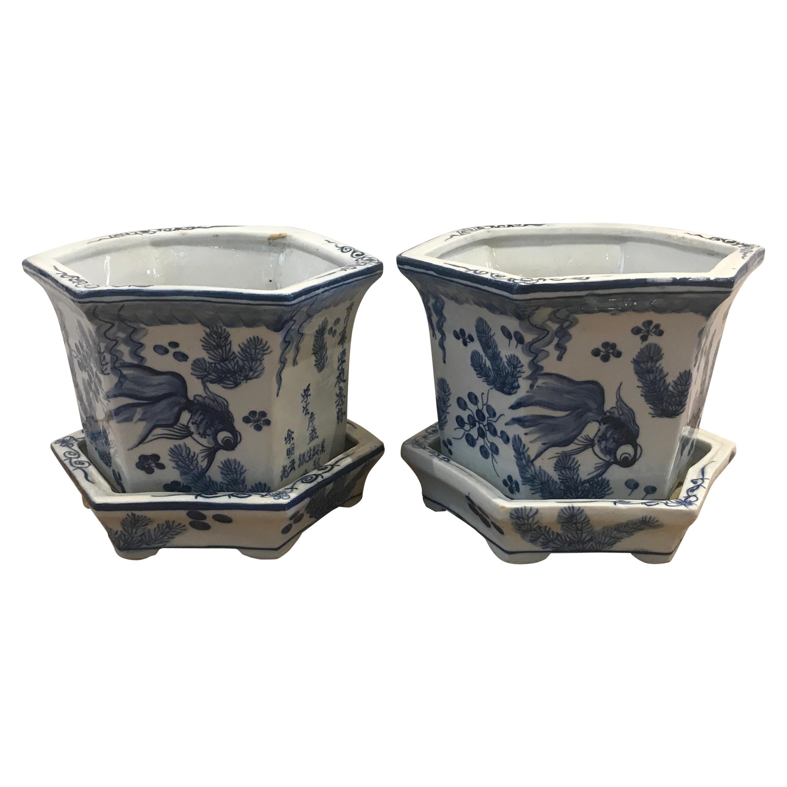Pair of Chinese Porcelain Blue and White Planters