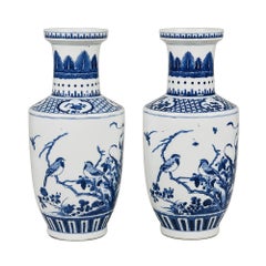 Pair Chinese Porcelain Blue and White Vases with Birds, 15.5 Inches