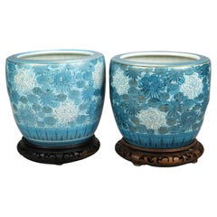 Pair Chinese Porcelain Blue & White Floral Jardinieres on Hardwood Bases, 20th C