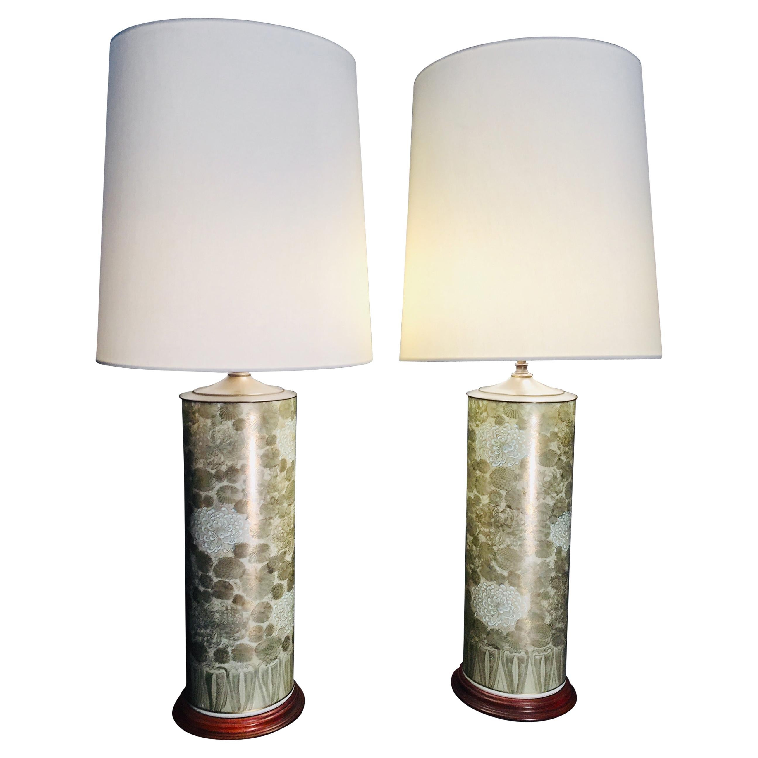 Pair of Chinese Porcelain China Roller Vases in Table Lamps Chrysantemum Theme