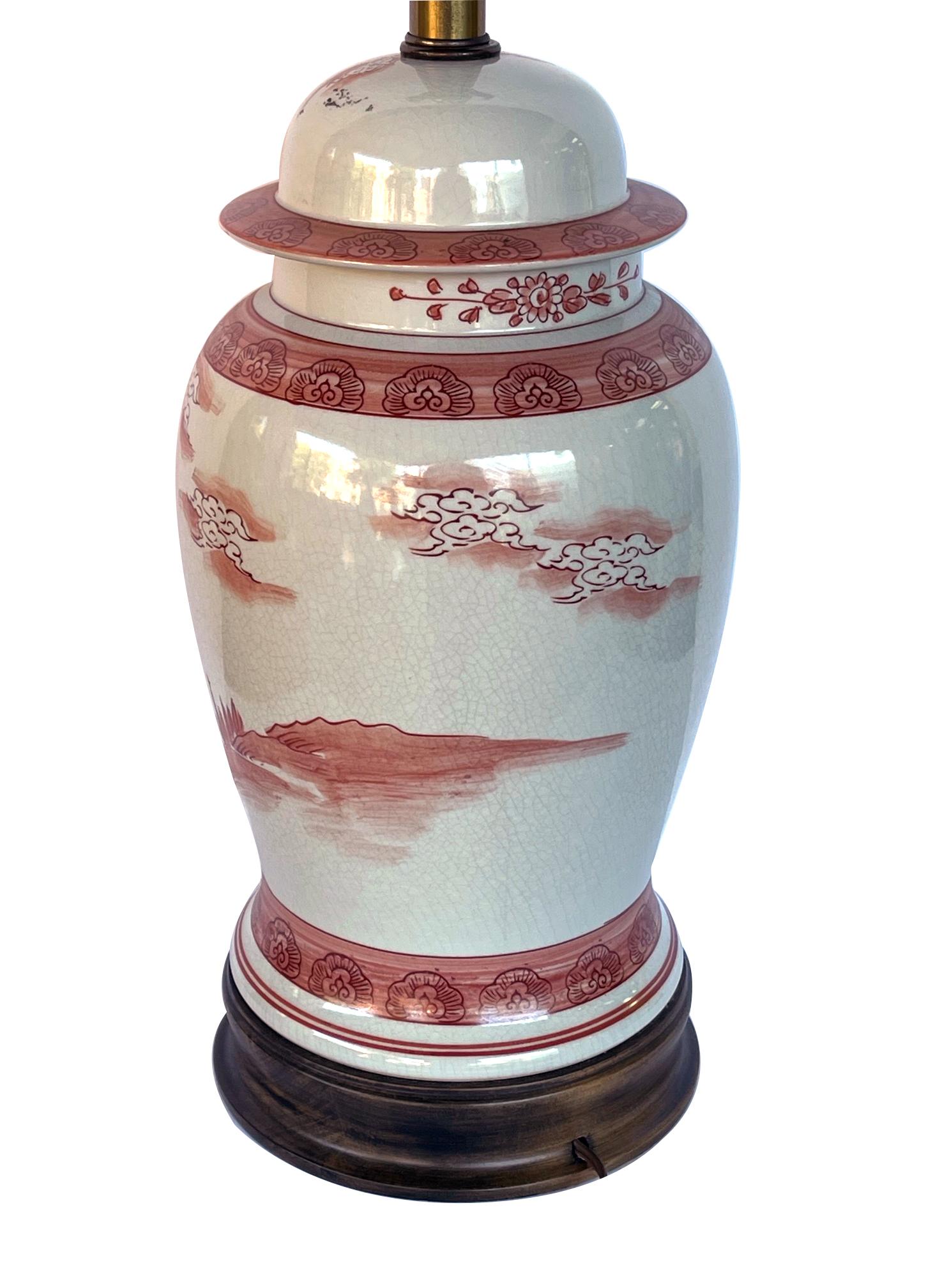 Asian Pair Chinese Porcelain Ginger Jar Lamps with Iron Red Decoration For Sale