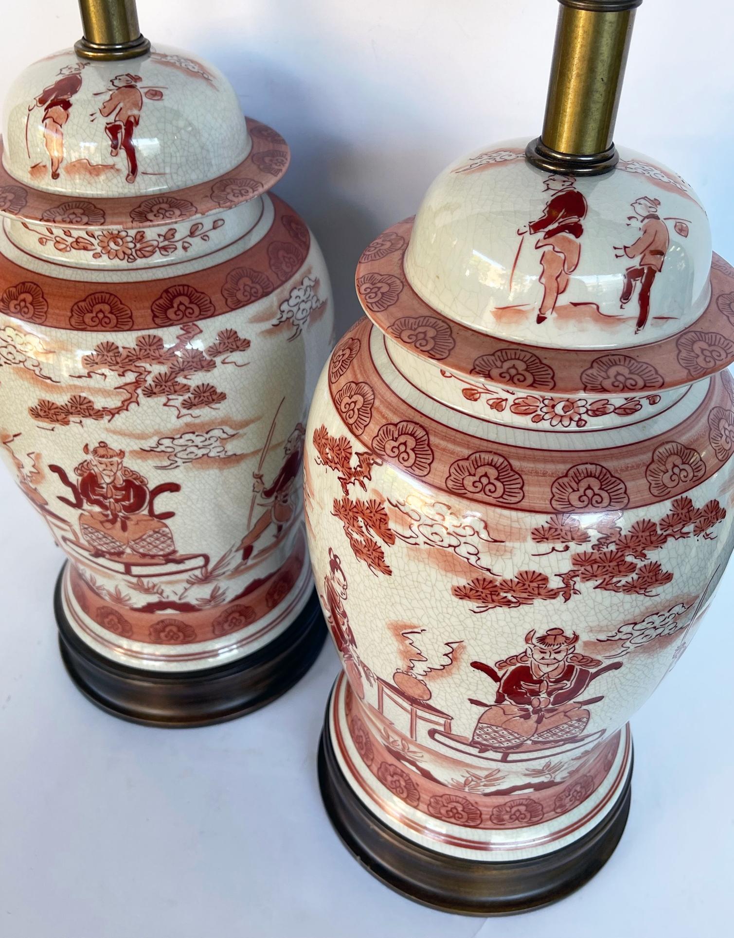 Glazed Pair Chinese Porcelain Ginger Jar Lamps with Iron Red Decoration For Sale