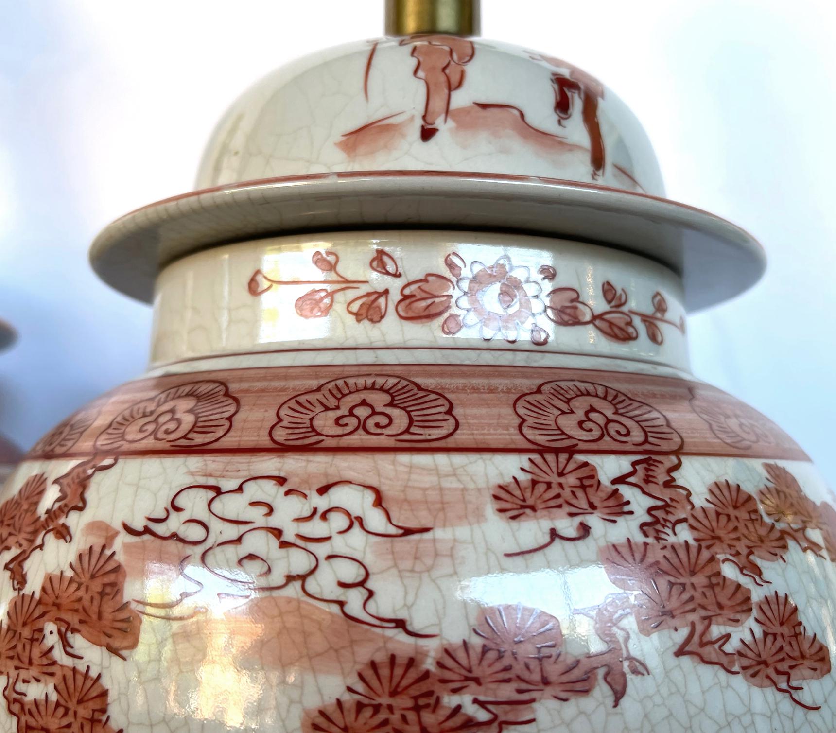 Pair Chinese Porcelain Ginger Jar Lamps with Iron Red Decoration In Good Condition For Sale In San Francisco, CA