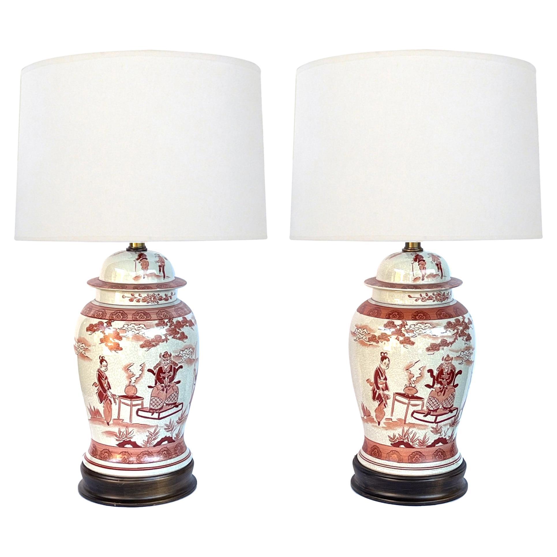 Pair Chinese Porcelain Ginger Jar Lamps with Iron Red Decoration For Sale