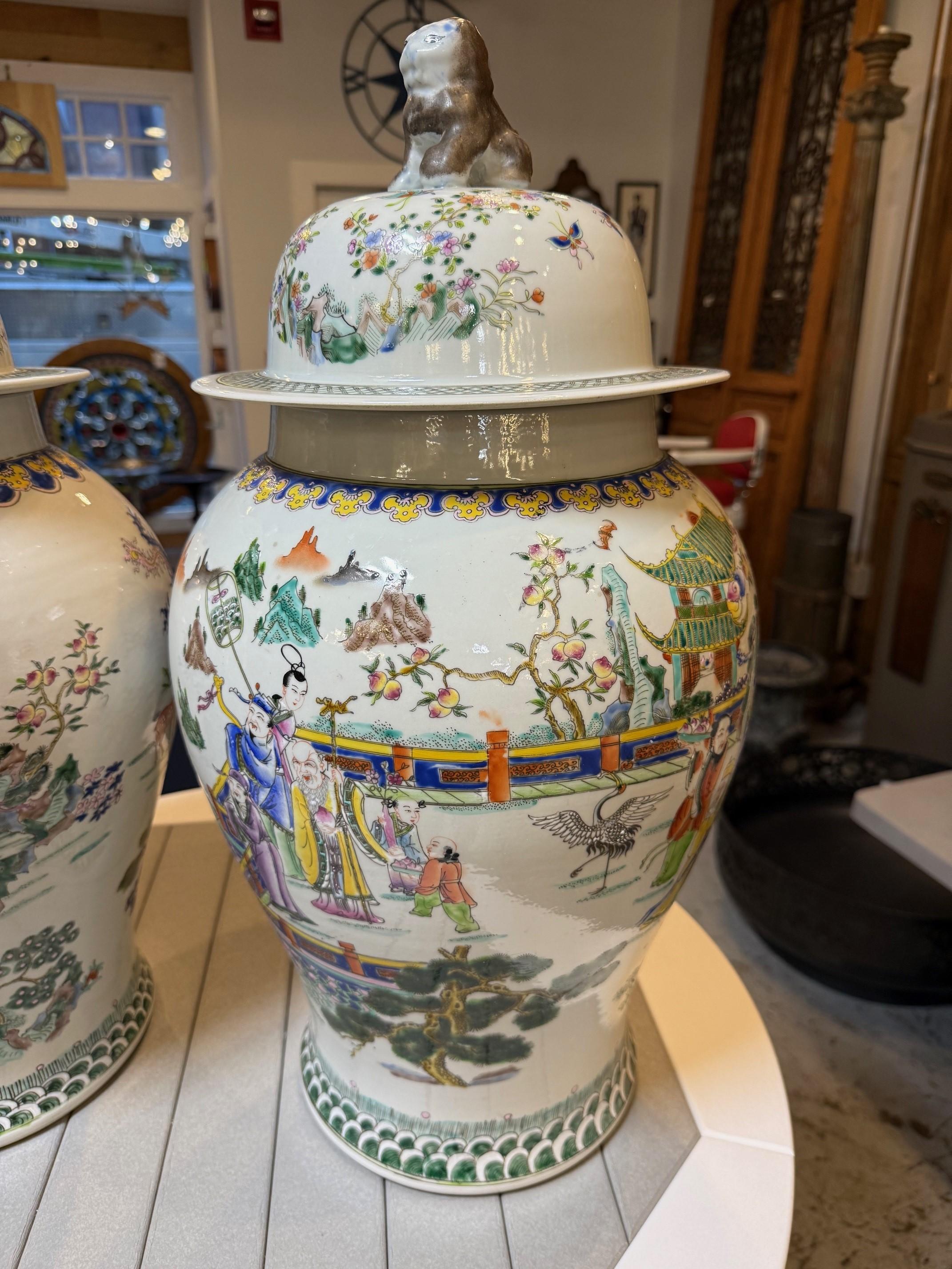 20th Century Pair Chinese Porcelain Lidded Ginger Urns - Qianlong Vases, Jars, Qing Pottery For Sale