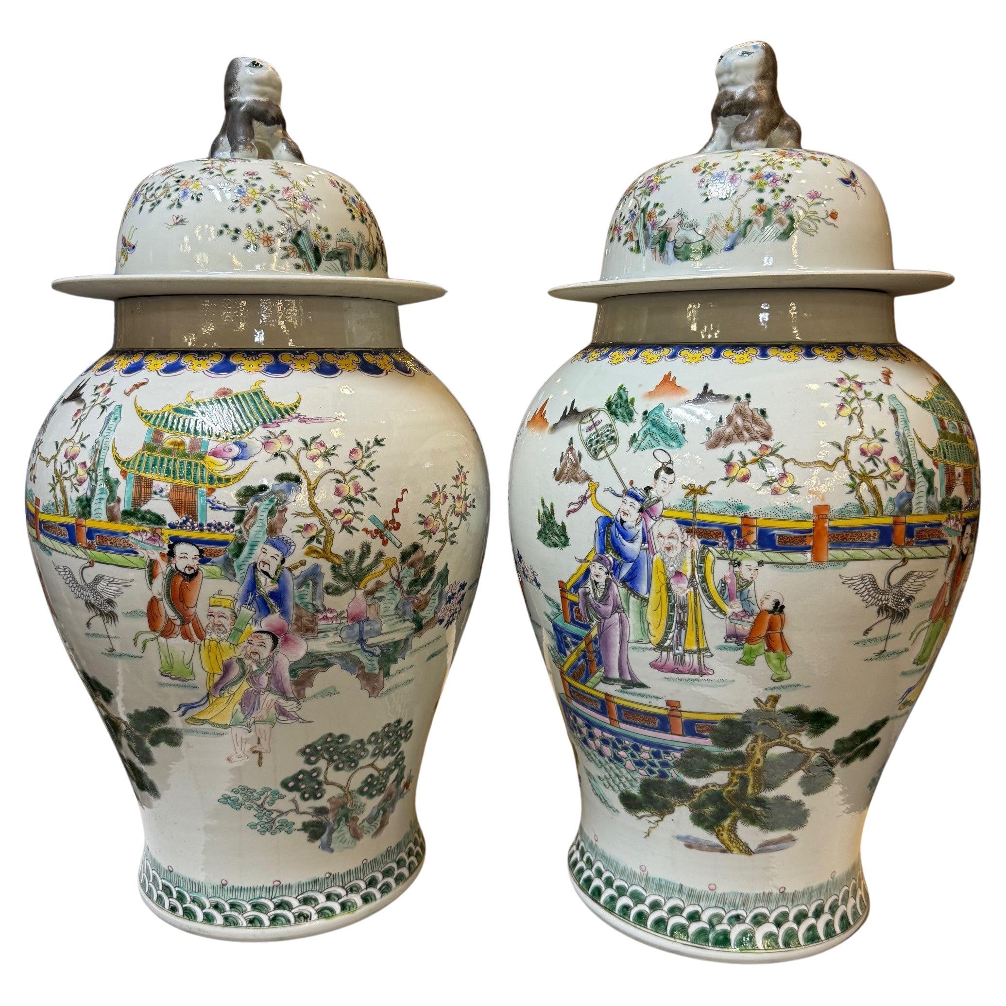 Pair Chinese Porcelain Lidded Ginger Urns - Qianlong Vases, Jars, Qing Pottery