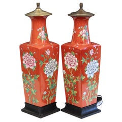 Pair Chinese Porcelain Old Chinoiserie Vintage Square Lamps Vase Famille Rouge