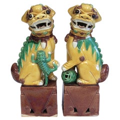 Pair Chinese Porcelain Old Vintage Buddhist Kangxi Lions Foo Dogs Vintage