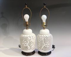 Pair Chinese Porcelain Old Vintage Lamps Vase Pierced Reticulated Blanc de Chine