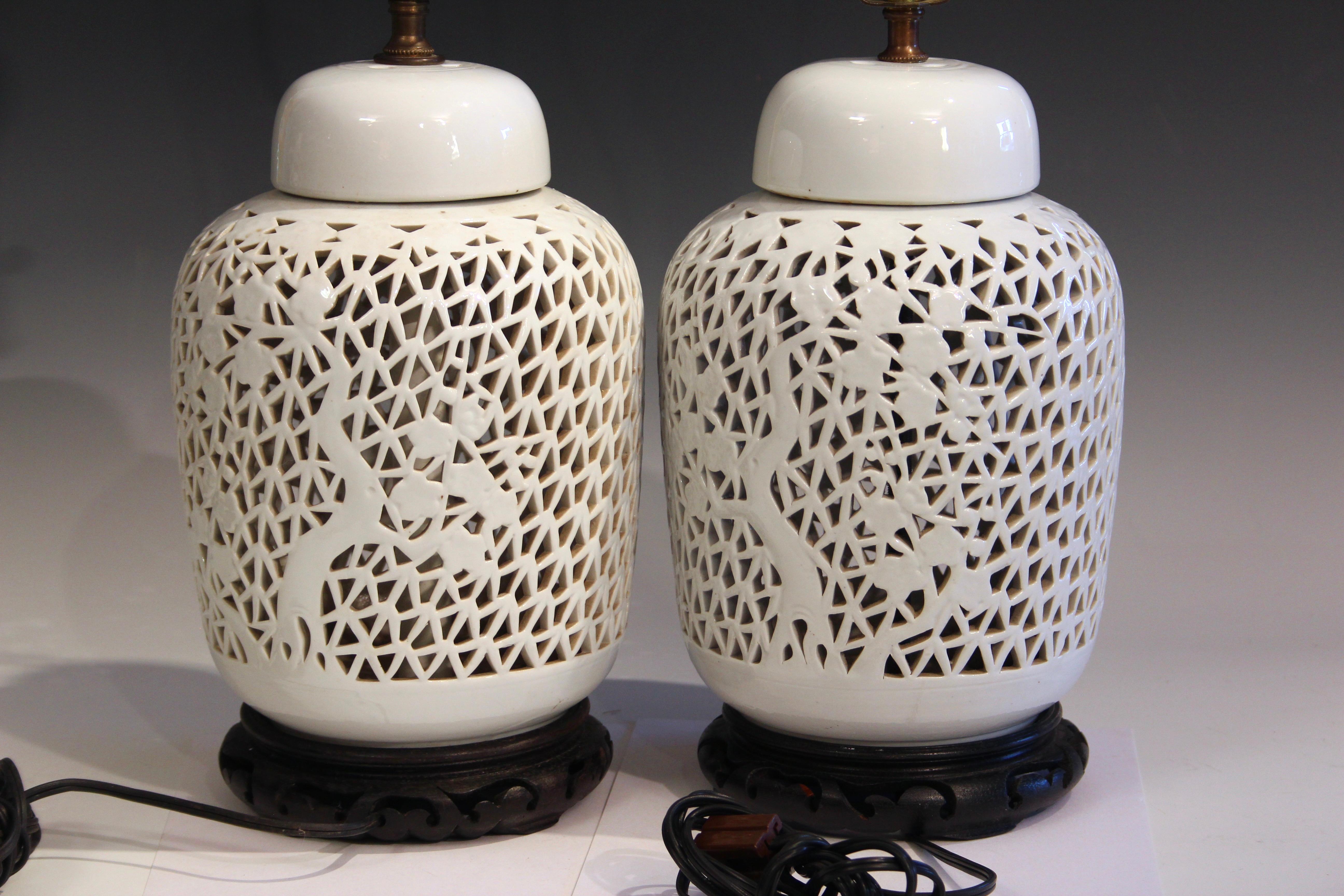 Carved Pair Chinese Porcelain Old Vintage Lamps Vase Pierced Reticulated Blanc de Chine For Sale