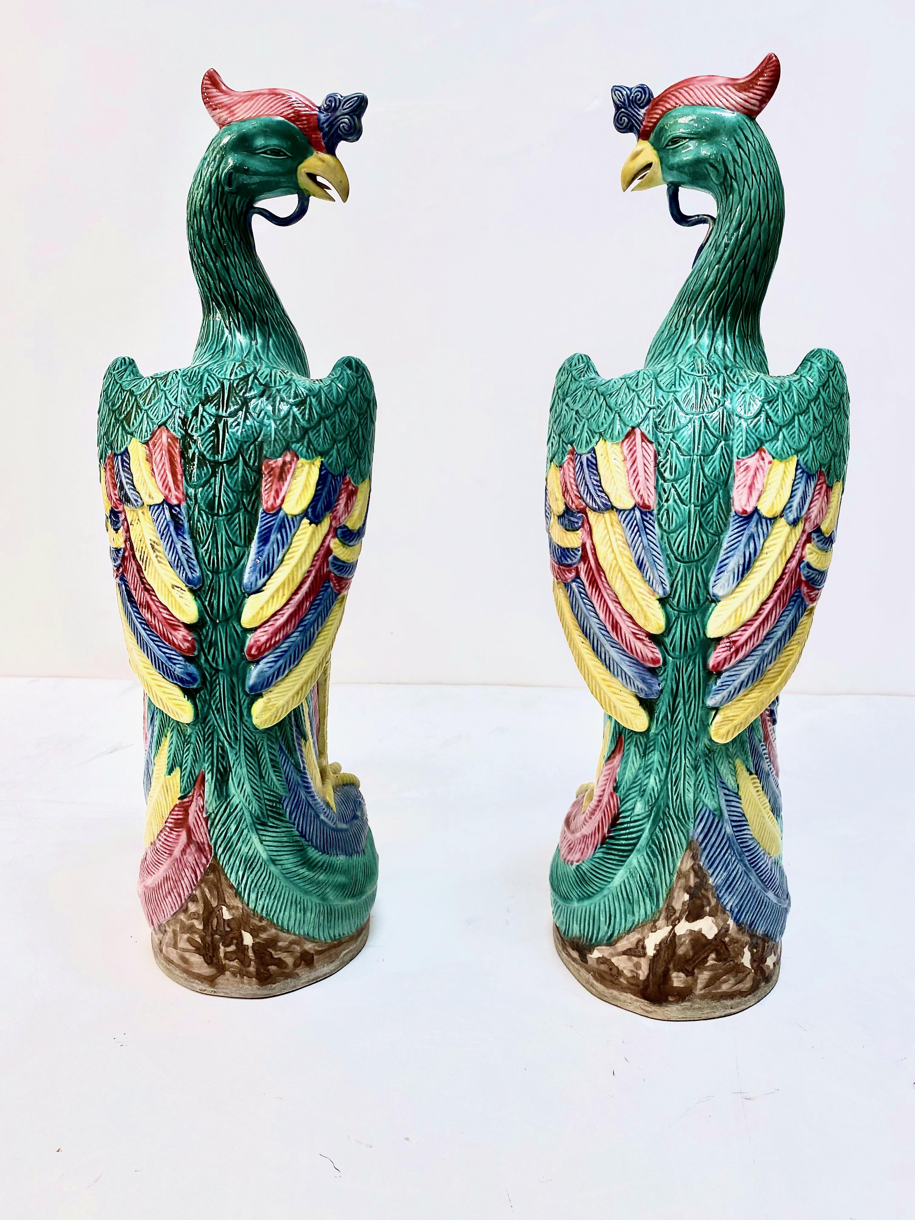 Pair of Chinese Porcelain Phoenix Birds, Mid-20th Century In Good Condition For Sale In Pasadena, CA