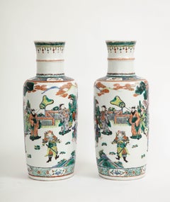 Pair Chinese Porcelain Rouleau Shape Famille Vert Imperial Subject Vases, 1800s