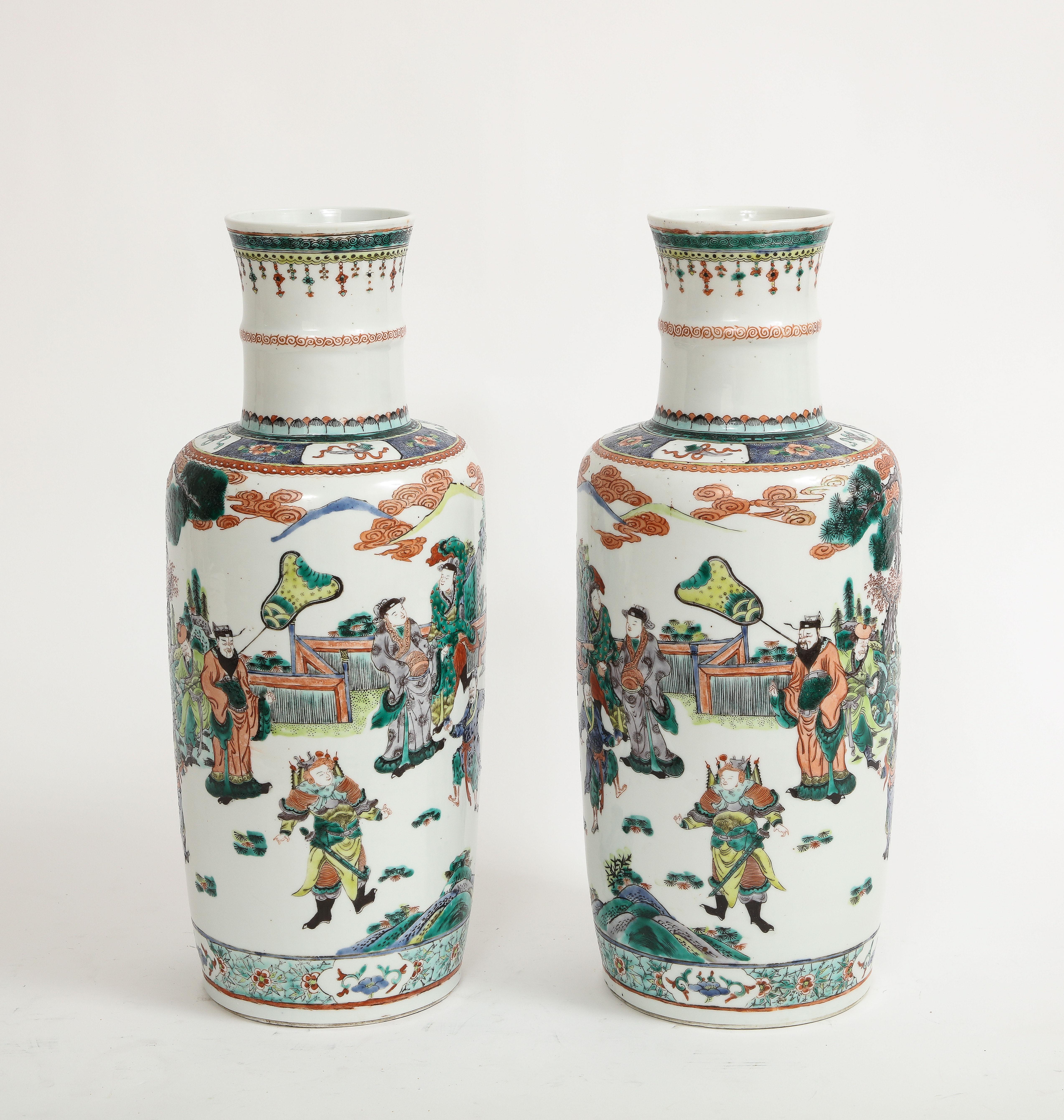 Qing Pair Chinese Porcelain Rouleau Shape Famille Vert Imperial Subject Vases, 1800s For Sale