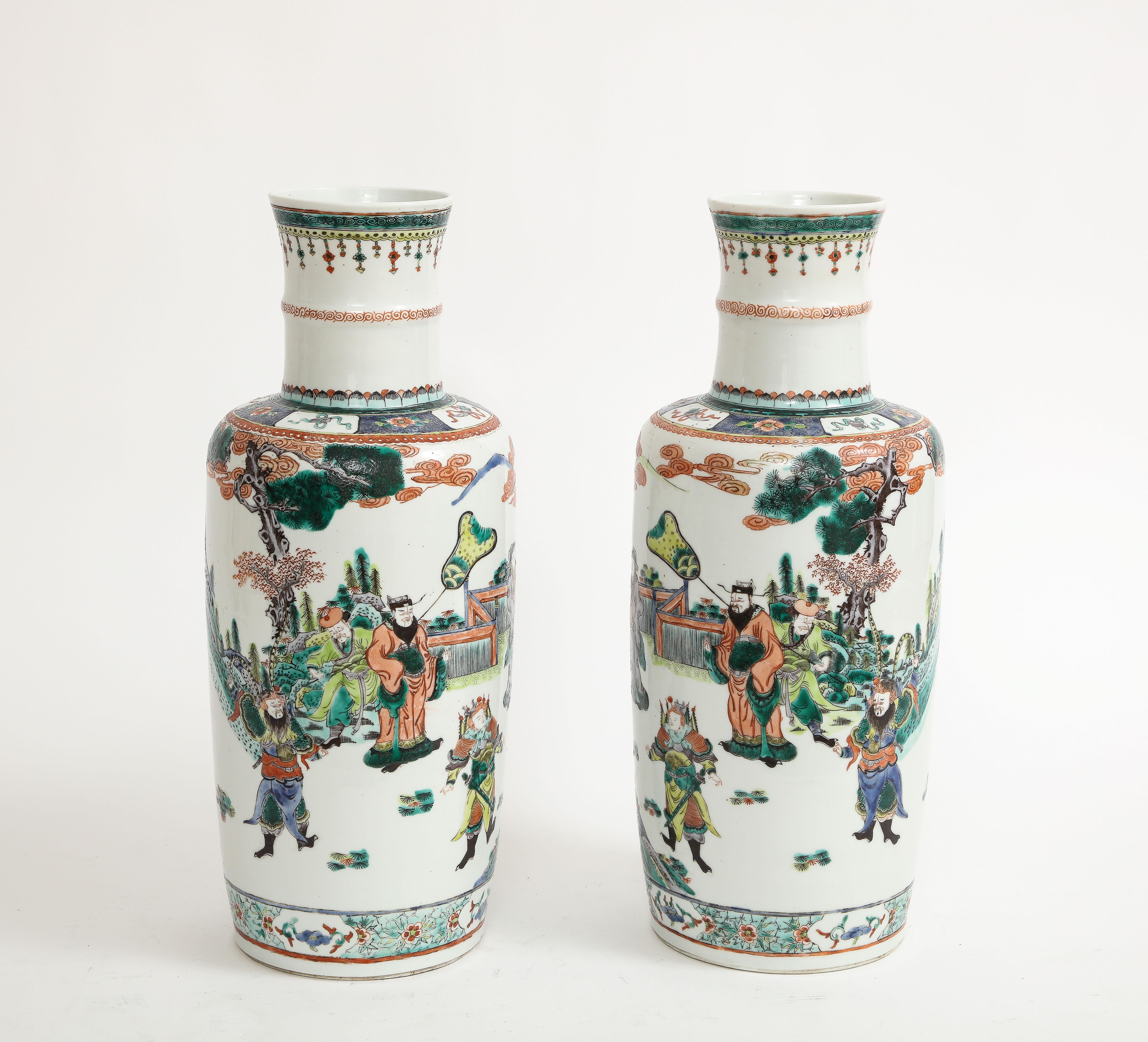 Hand-Painted Pair Chinese Porcelain Rouleau Shape Famille Vert Imperial Subject Vases, 1800s For Sale