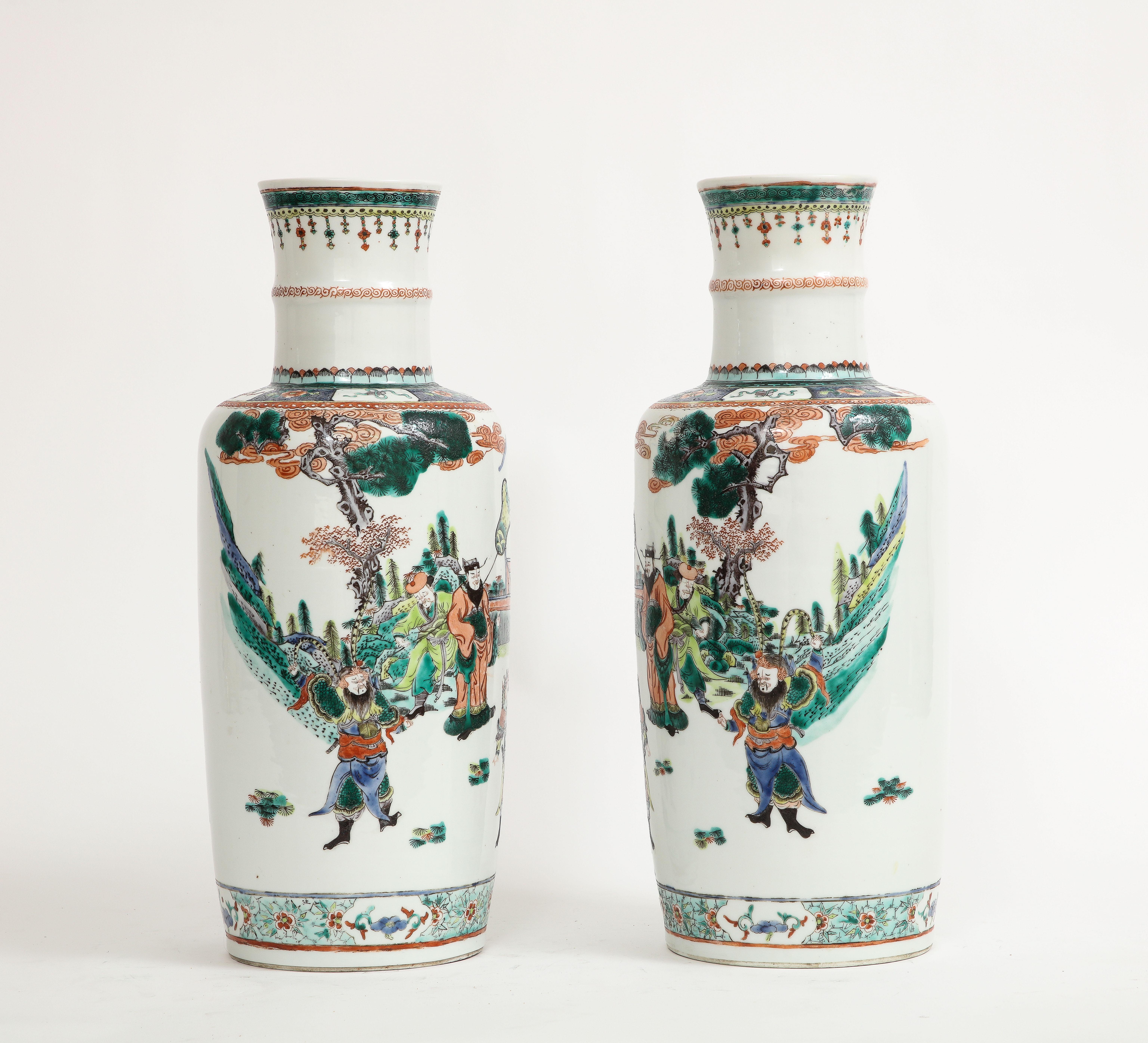 Pair Chinese Porcelain Rouleau Shape Famille Vert Imperial Subject Vases, 1800s In Good Condition For Sale In New York, NY