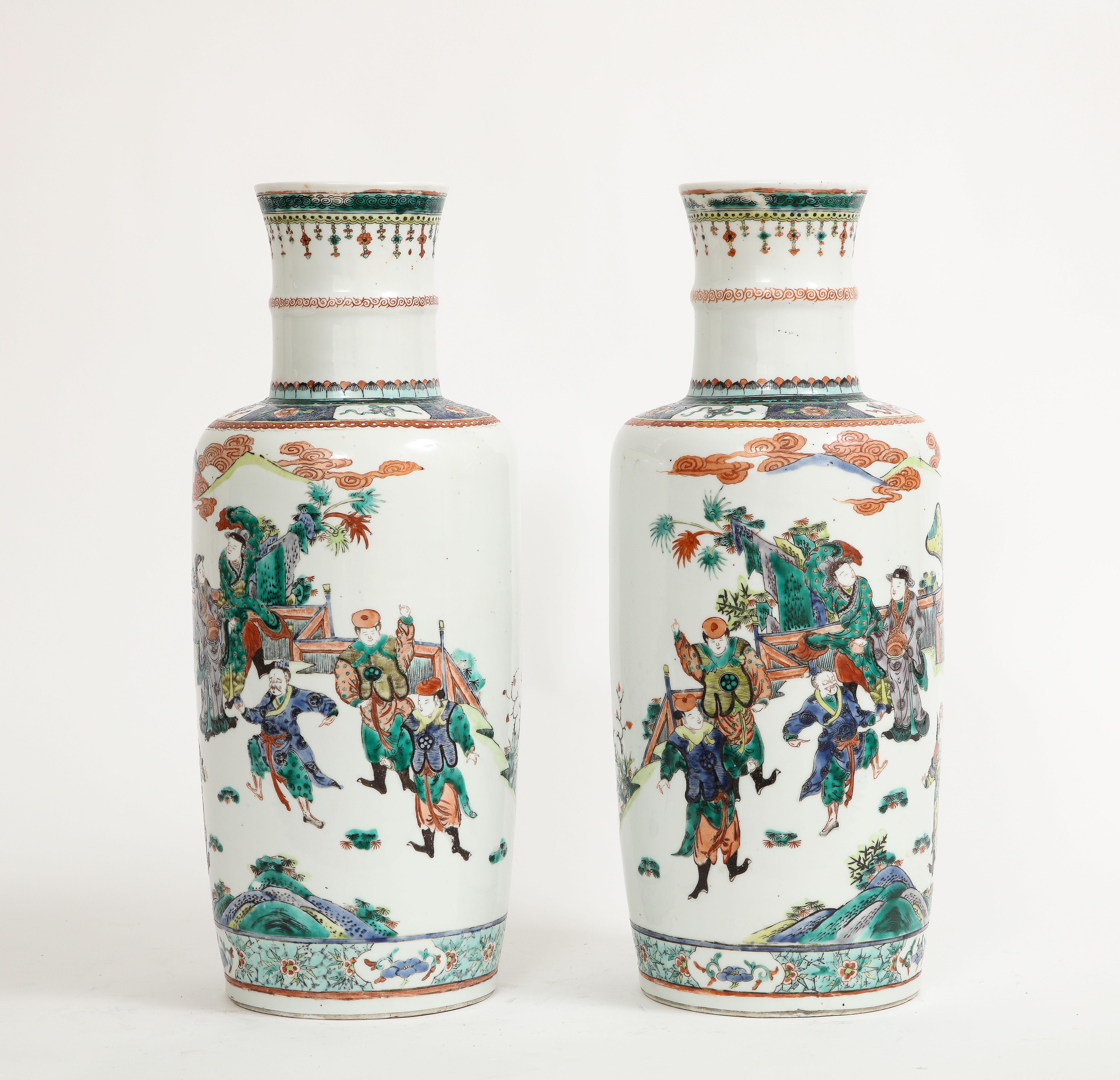 Late 19th Century Pair Chinese Porcelain Rouleau Shape Famille Vert Imperial Subject Vases, 1800s For Sale