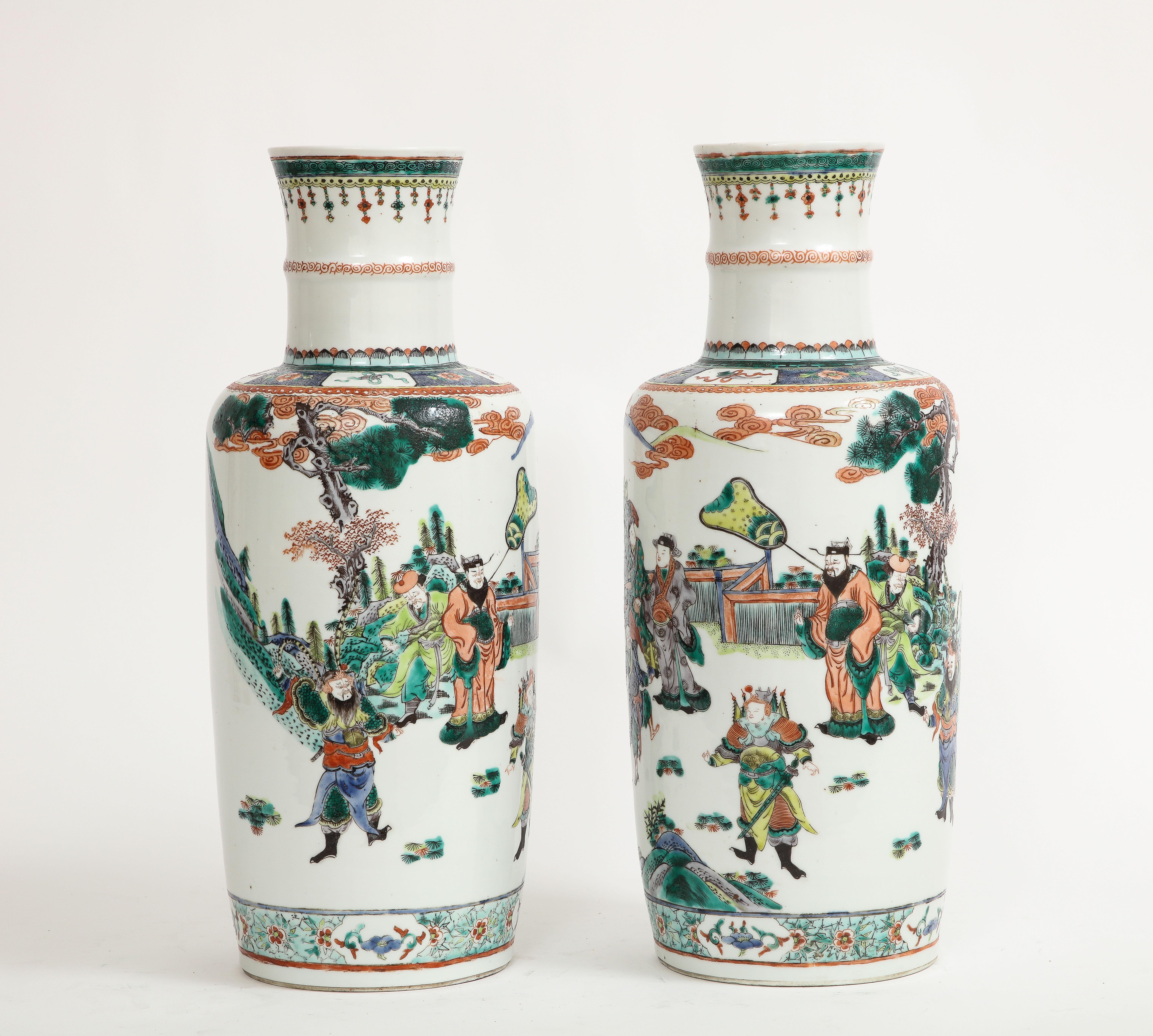 Pair Chinese Porcelain Rouleau Shape Famille Vert Imperial Subject Vases, 1800s For Sale 1