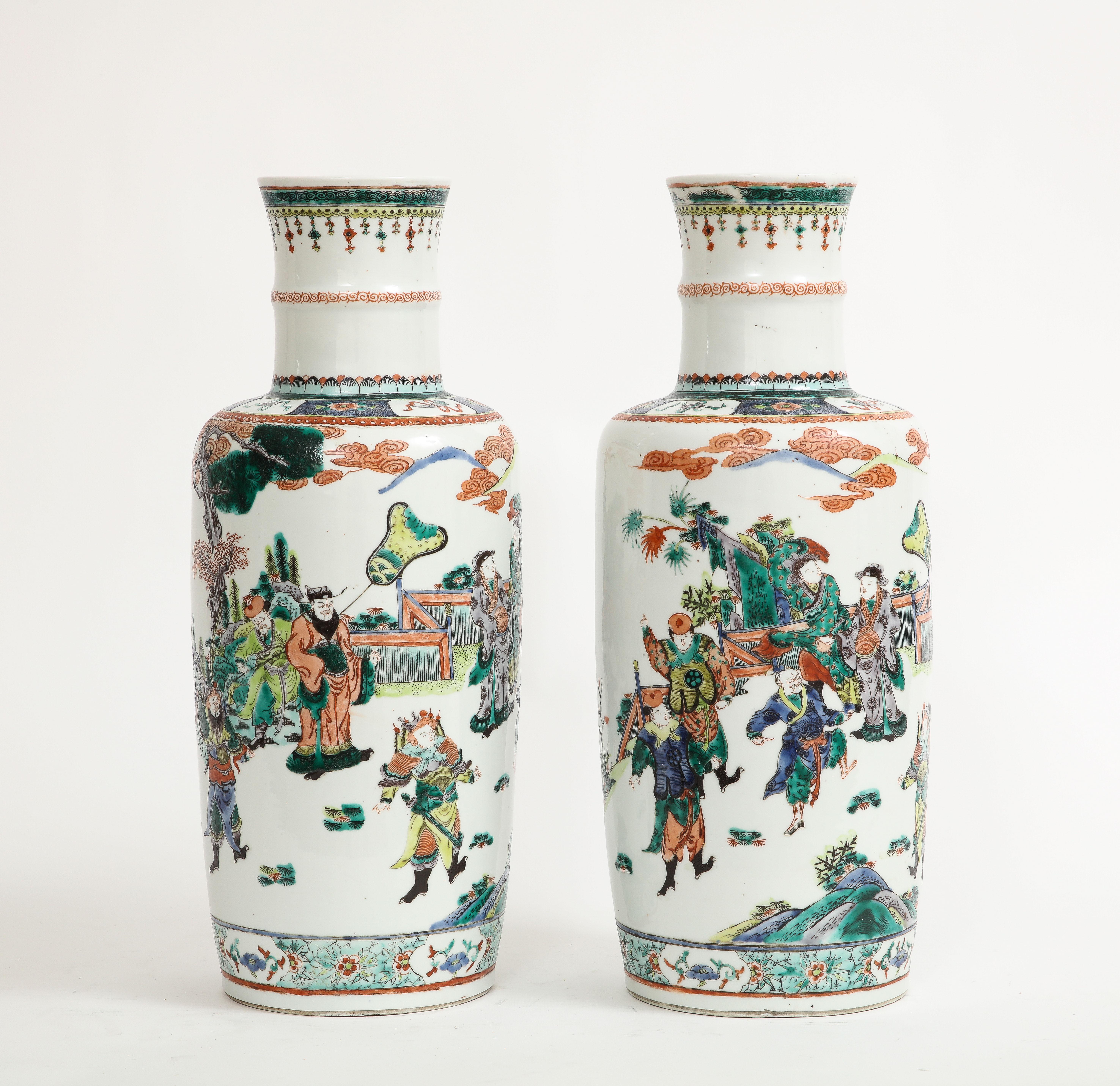 Pair Chinese Porcelain Rouleau Shape Famille Vert Imperial Subject Vases, 1800s For Sale 2