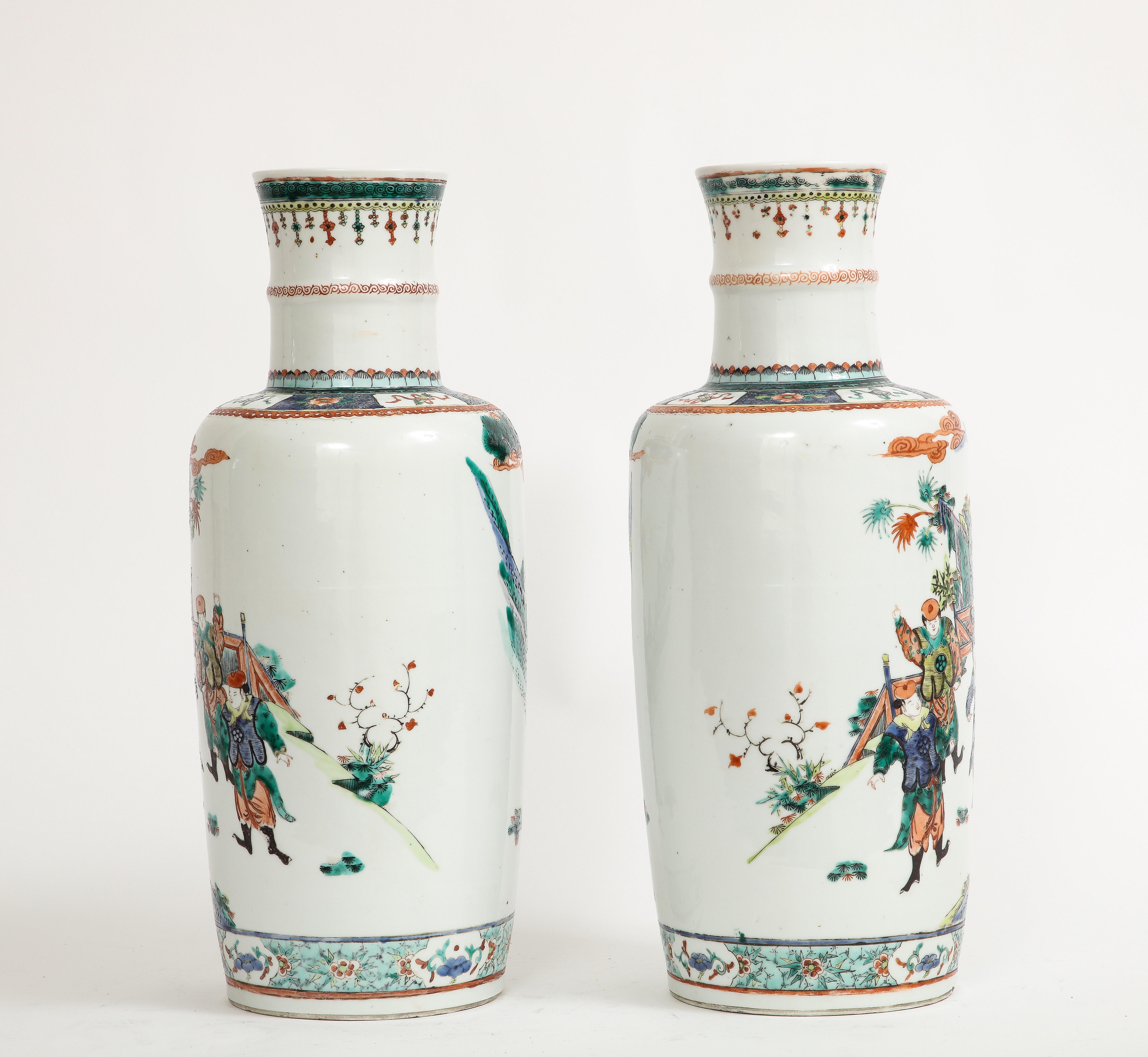 Pair Chinese Porcelain Rouleau Shape Famille Vert Imperial Subject Vases, 1800s For Sale 3