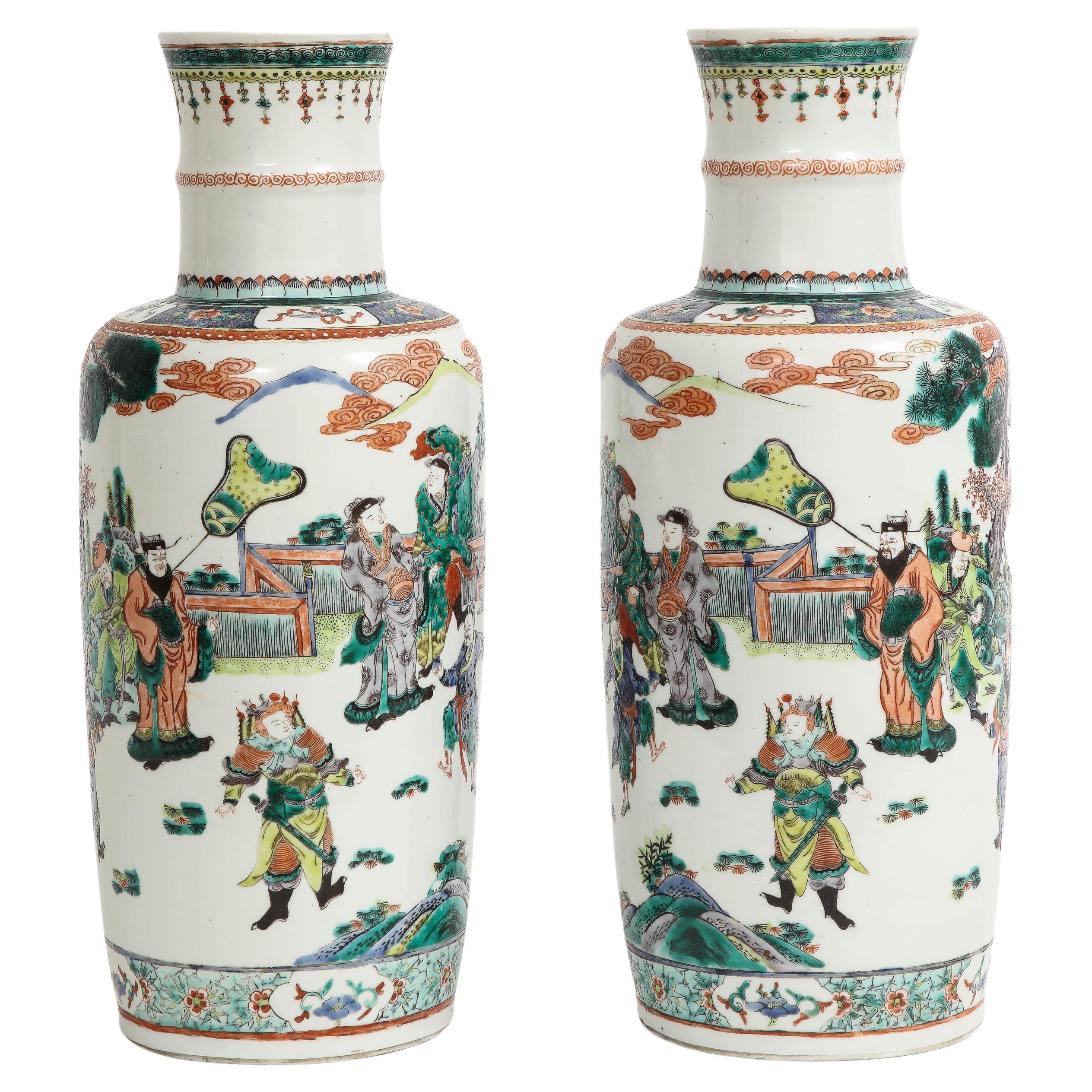 Pair Chinese Porcelain Rouleau Shape Famille Vert Imperial Subject Vases, 1800s For Sale