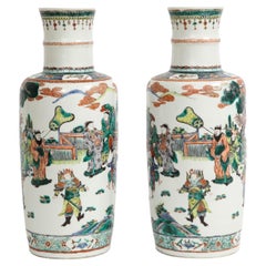 Pair Chinese Porcelain Rouleau Shape Famille Vert Imperial Subject Vases, 1800s