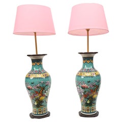 Pair Chinese Porcelain Table Lamps Famille Vert Shades